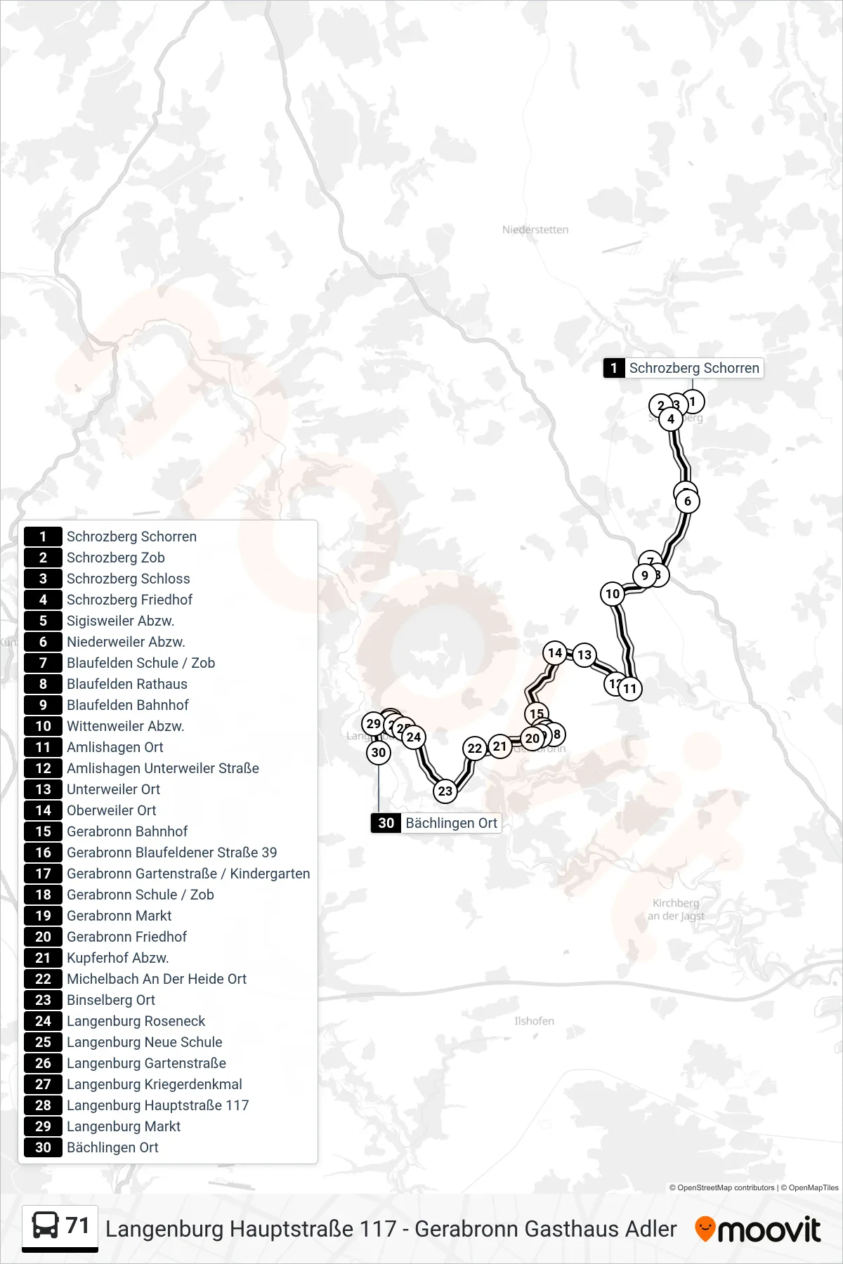 71 bus Line (Bächlingen Ort) route and stops on a map