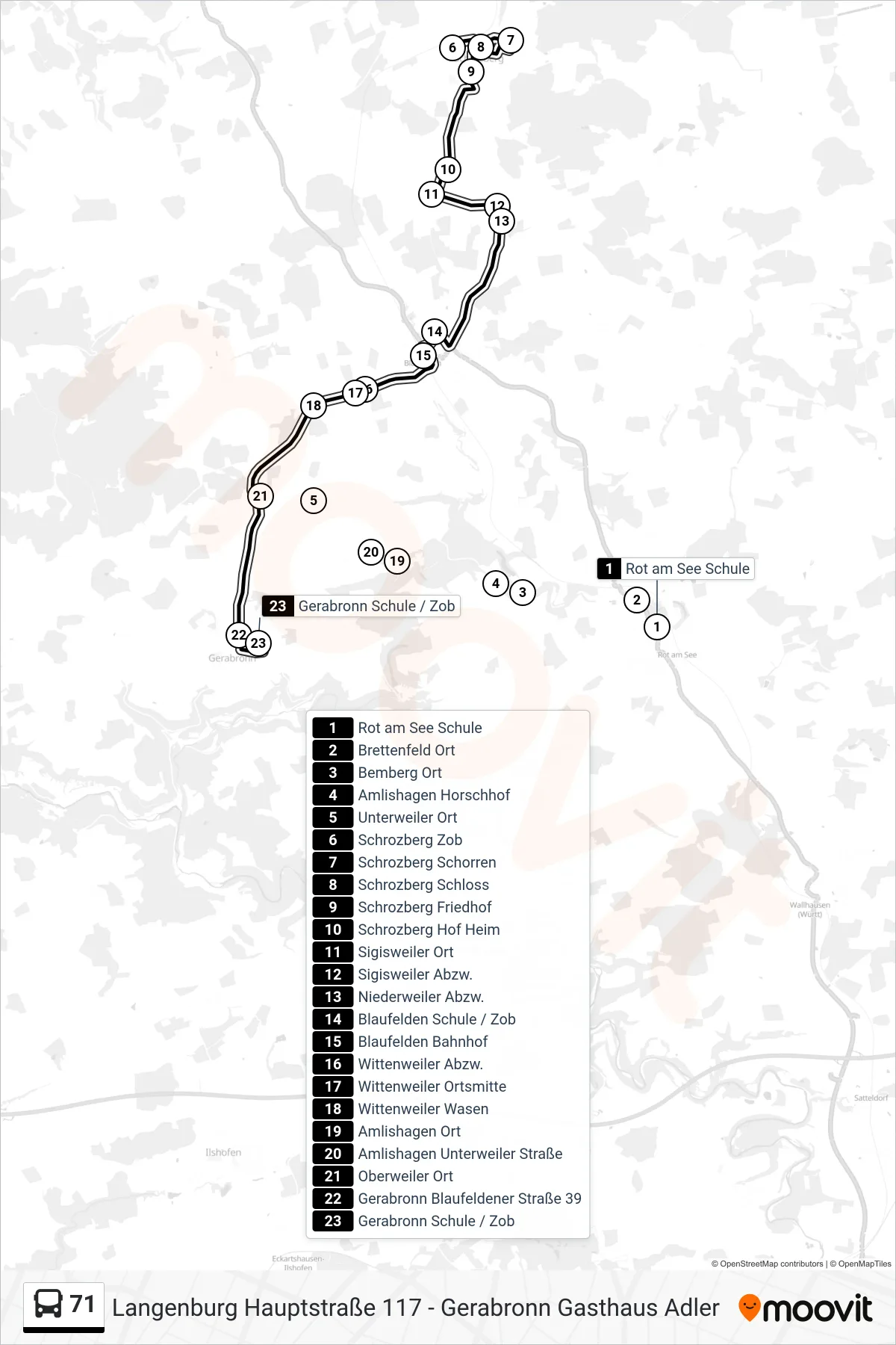 71 bus Line (Gerabronn Schule / Zob) route and stops on a map