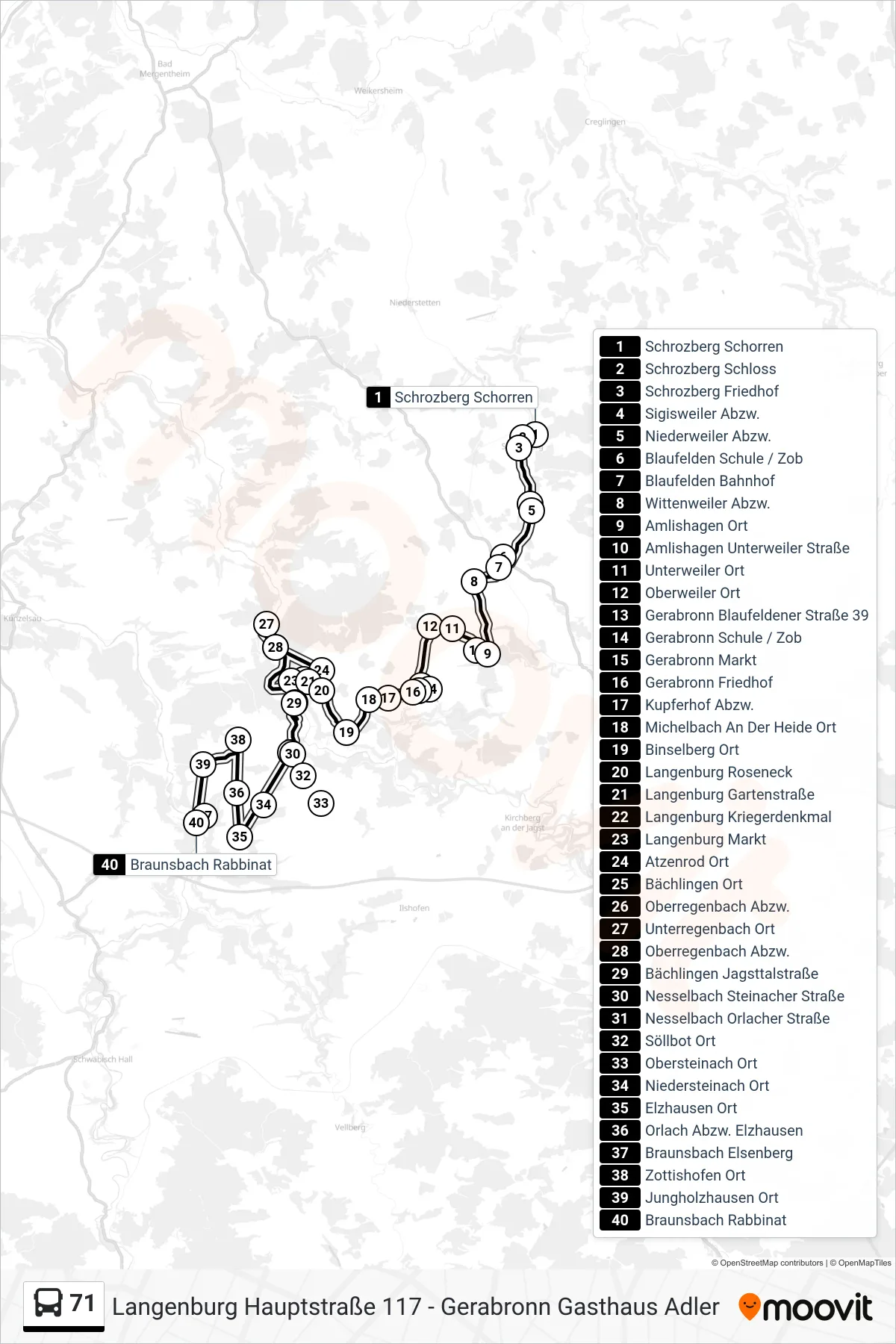 71 bus Line (Braunsbach Rabbinat) route and stops on a map