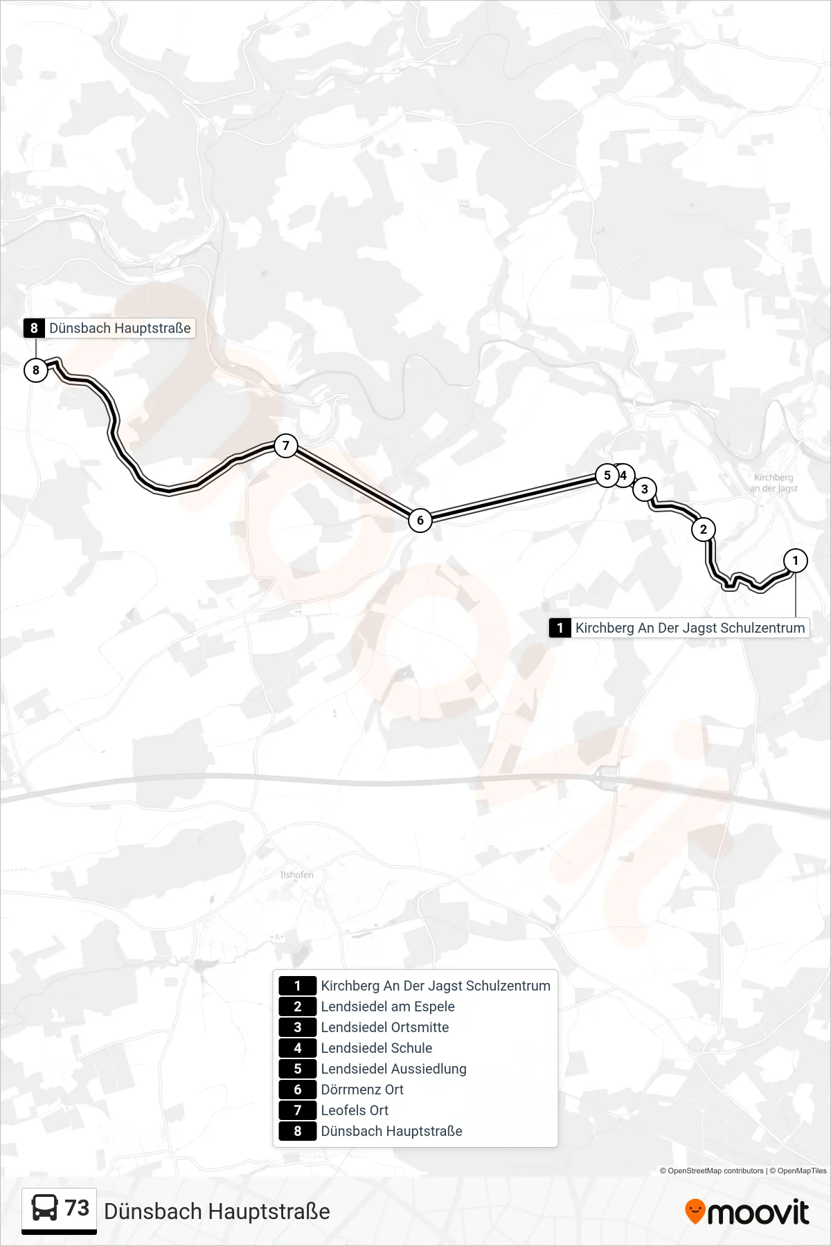 73 bus Line (Dünsbach Hauptstraße) route and stops on a map