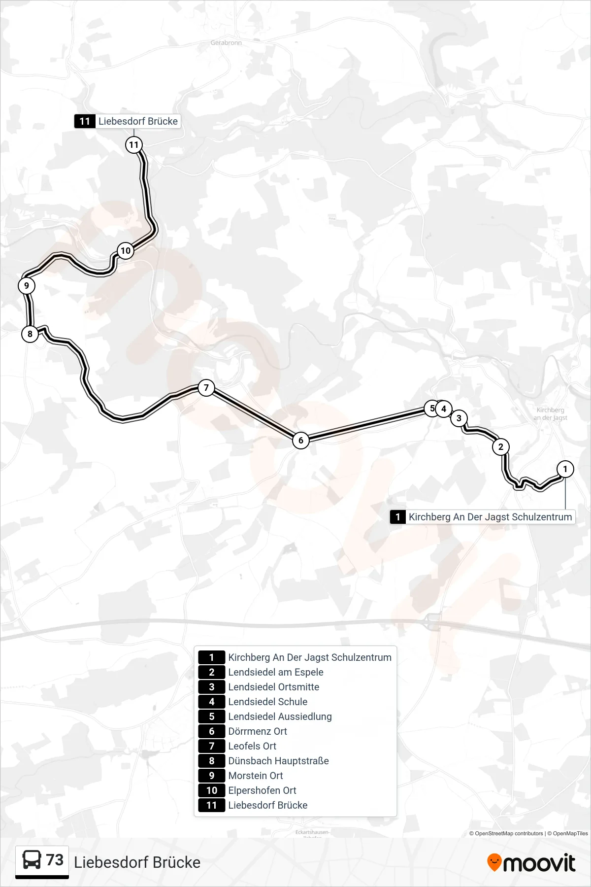 73 bus Line (Liebesdorf Brücke) route and stops on a map