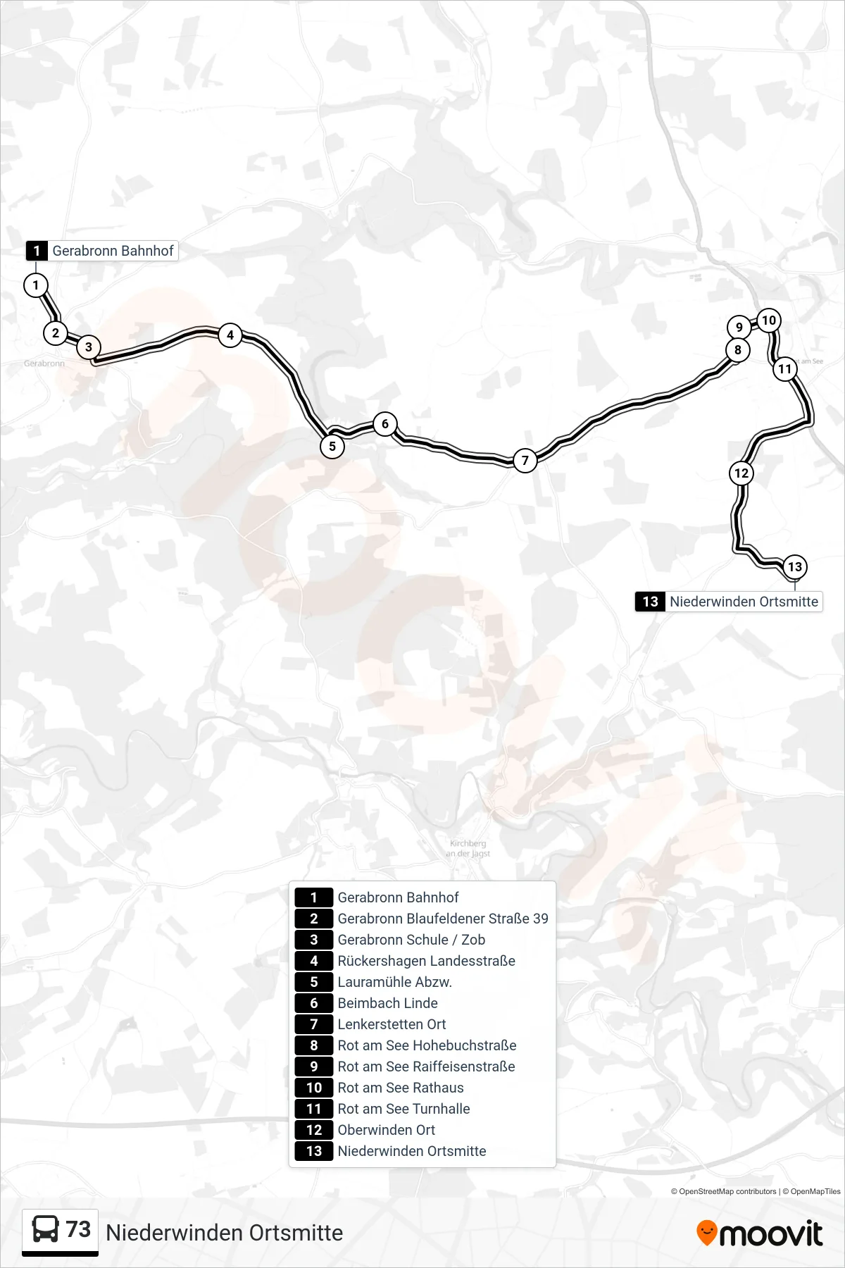 73 bus Line (Niederwinden Ortsmitte) route and stops on a map