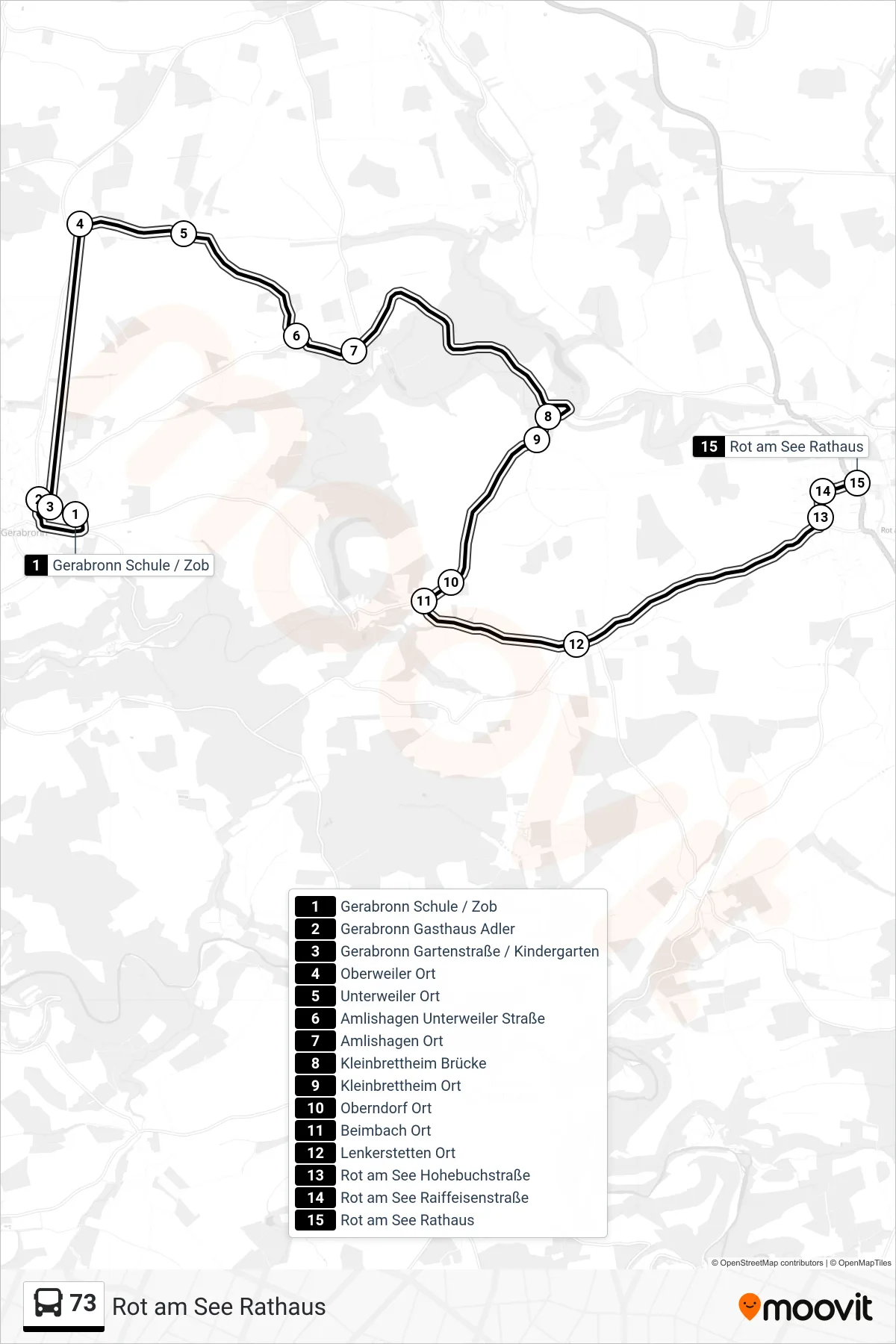 73 bus Line (Rot am See Rathaus) route and stops on a map