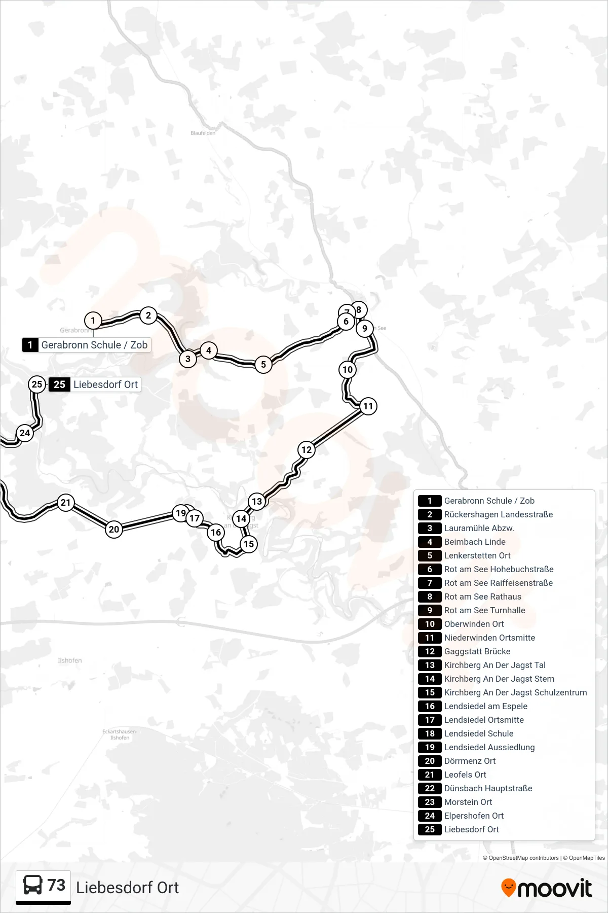 73 bus Line (Liebesdorf Ort) route and stops on a map