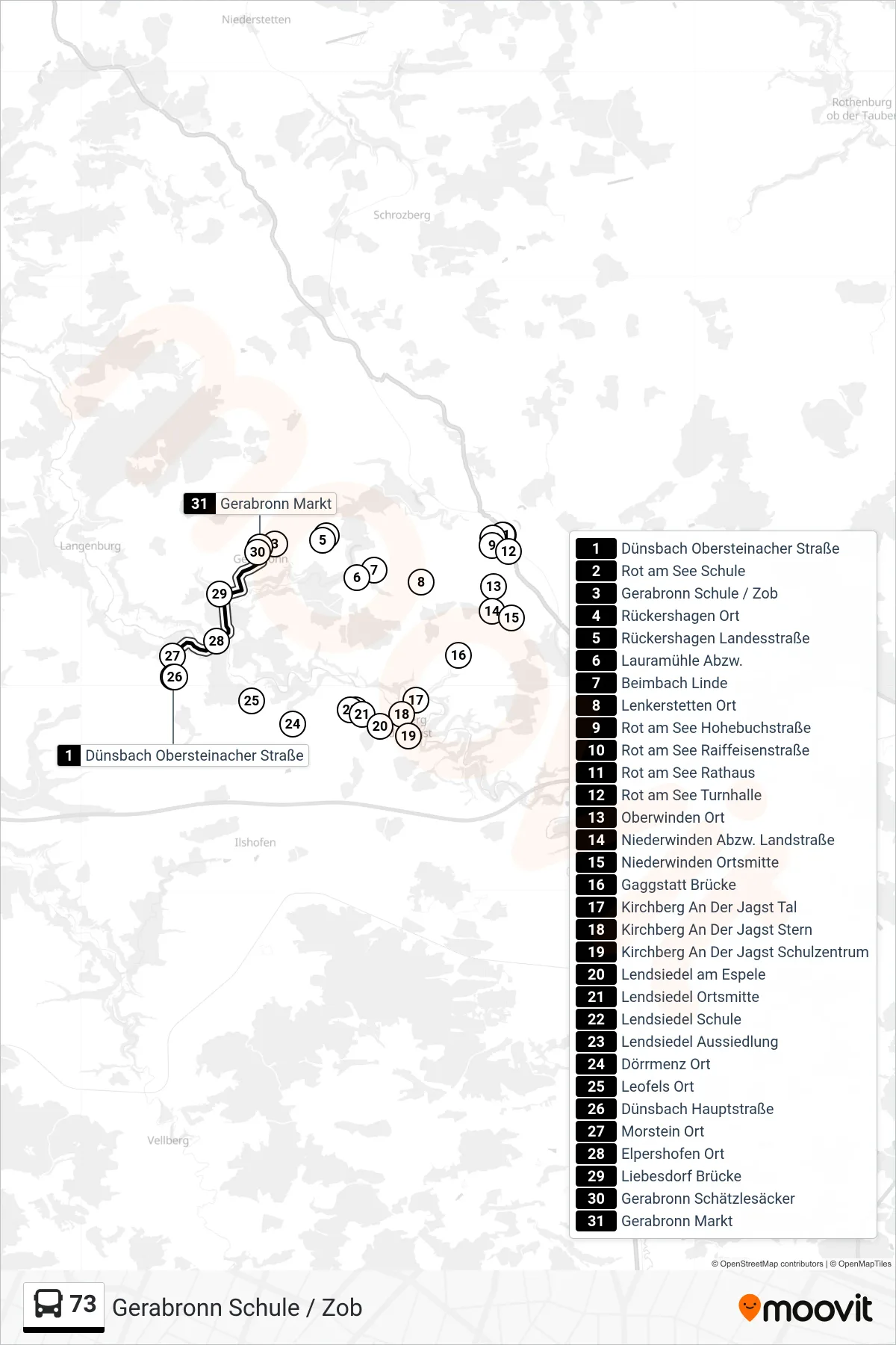 73 bus Line (Gerabronn Schule / Zob) route and stops on a map