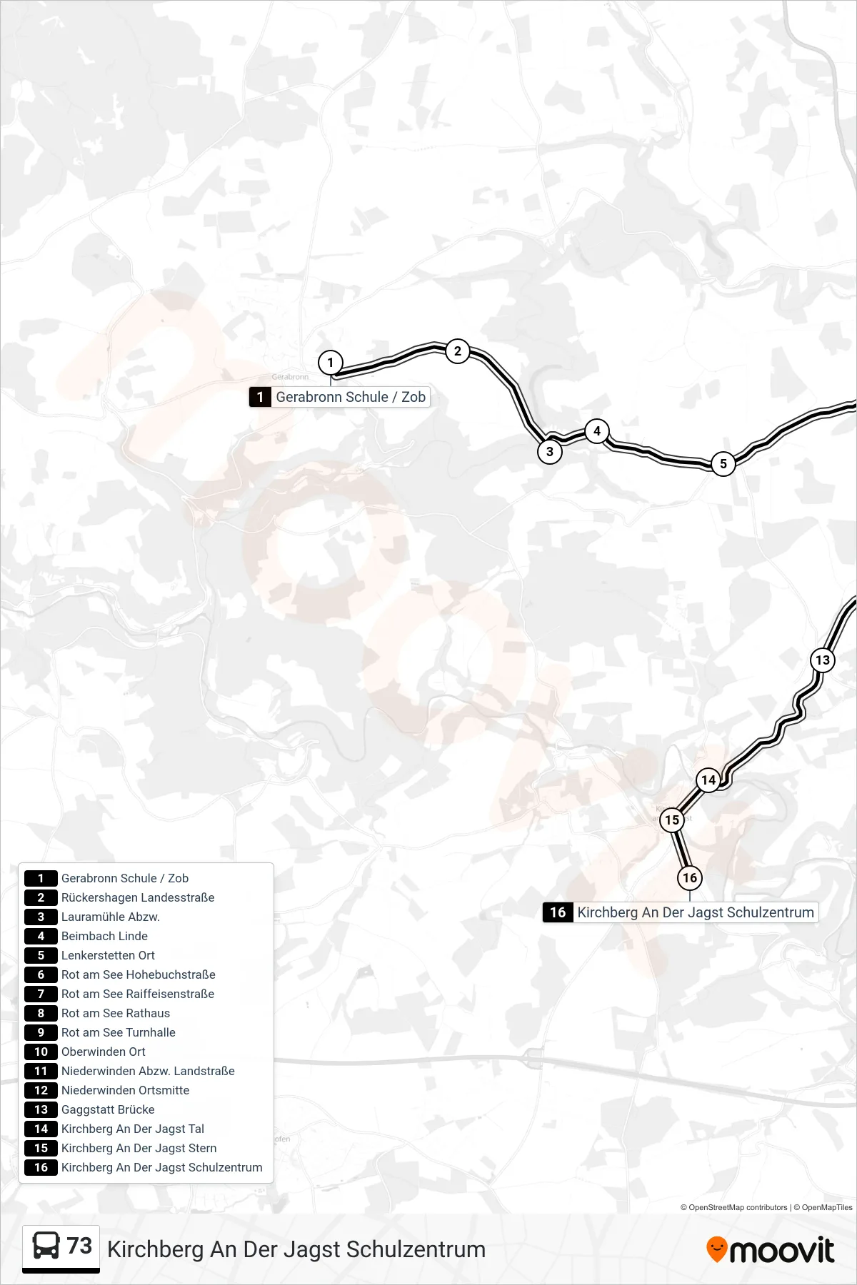 73 bus Line (Kirchberg An Der Jagst Schulzentrum) route and stops on a map