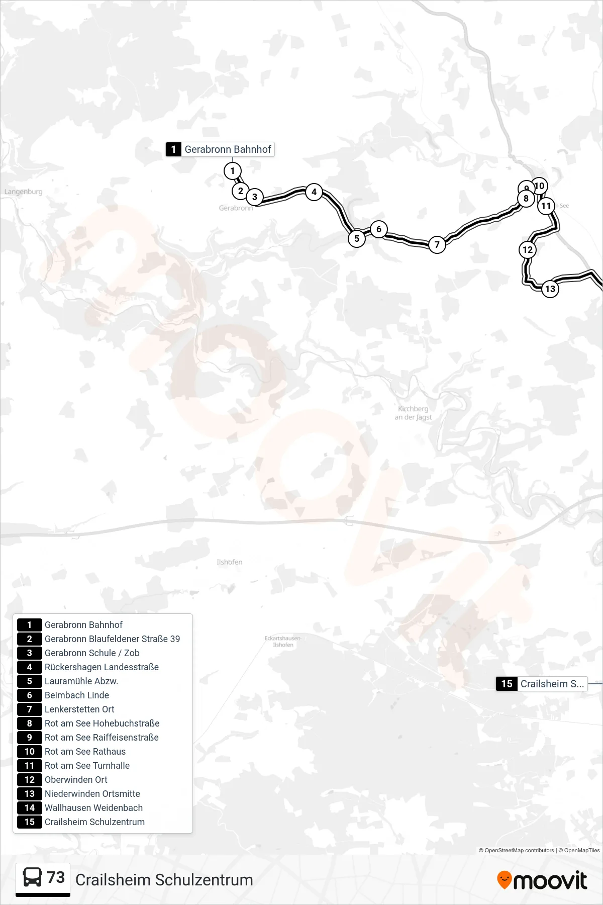 73 bus Line (Crailsheim Schulzentrum) route and stops on a map