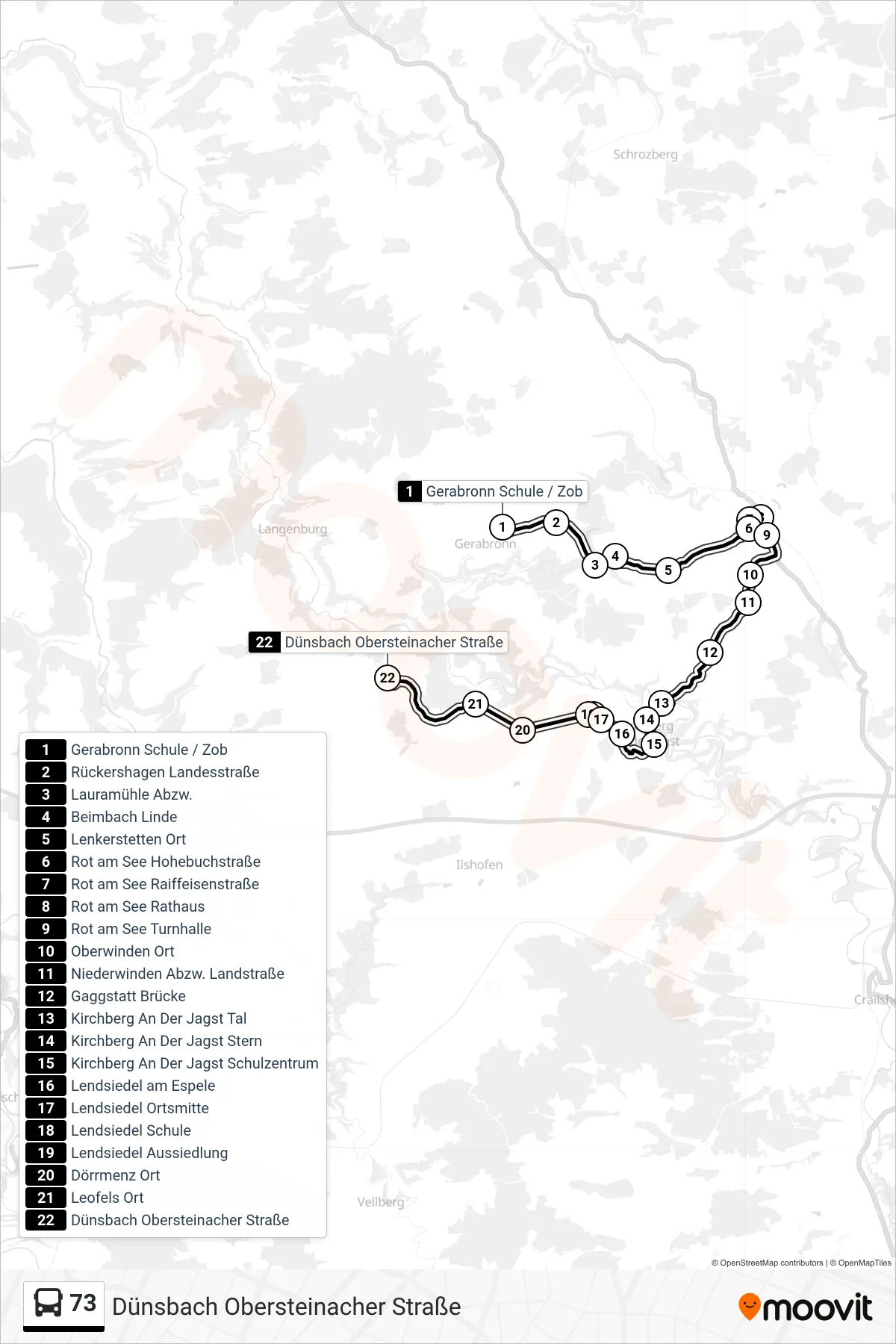 Linie 73 (Bus) Richtung Dünsbach Obersteinacher Straße: Route und Haltestellen auf der Karte