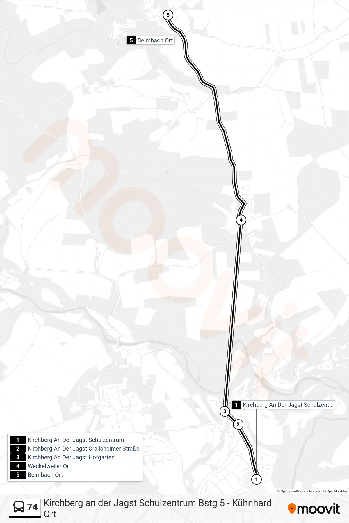 74 bus Line (Beimbach Ort) route and stops on a map
