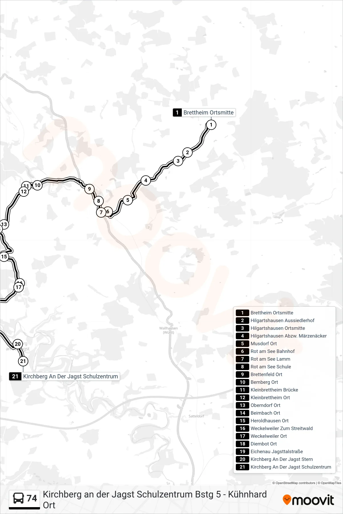 74 bus Line (Kirchberg An Der Jagst Schulzentrum) route and stops on a map