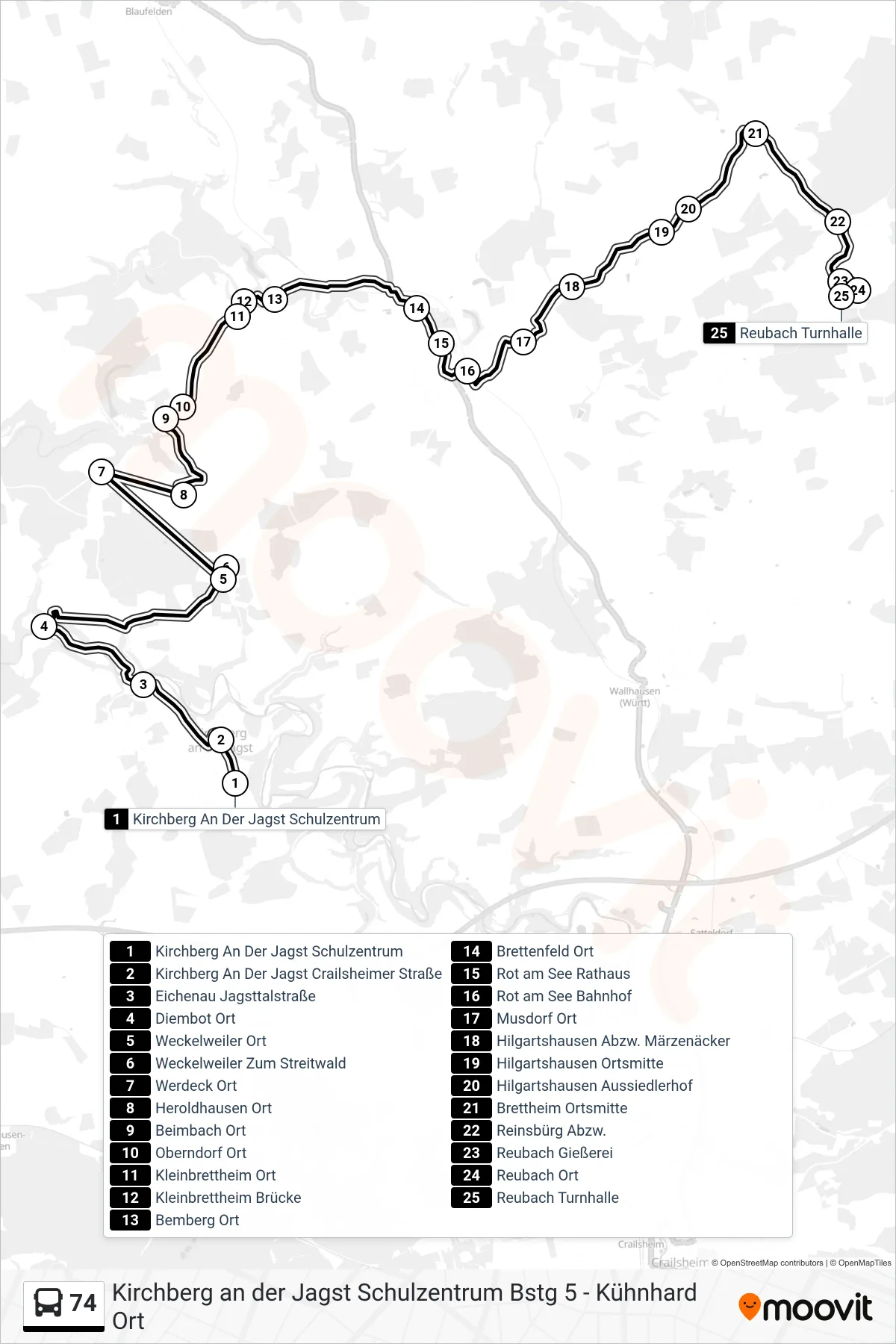 74 bus Line (Reubach Turnhalle) route and stops on a map