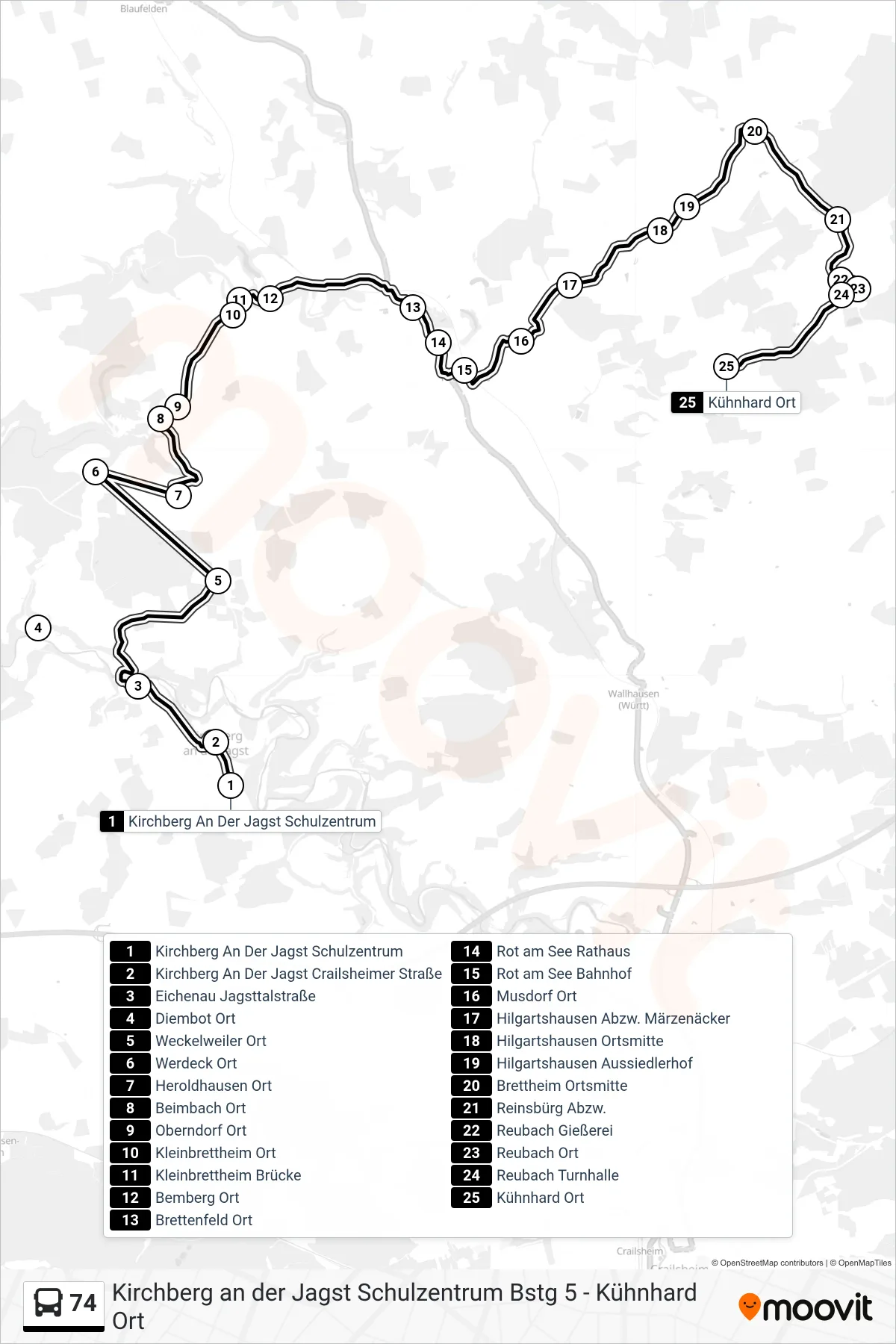 74 bus Line (Kühnhard Ort) route and stops on a map