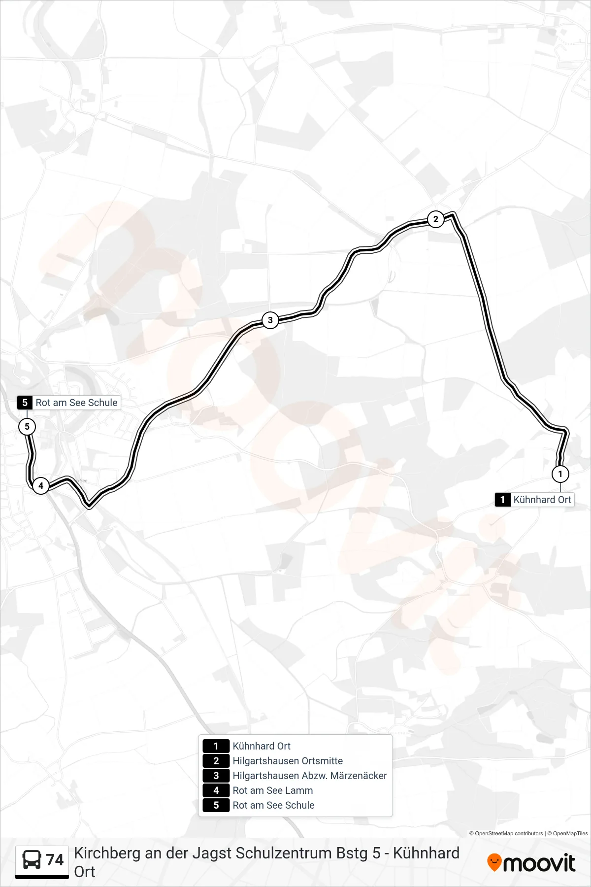 74 bus Line (Rot am See Schule) route and stops on a map