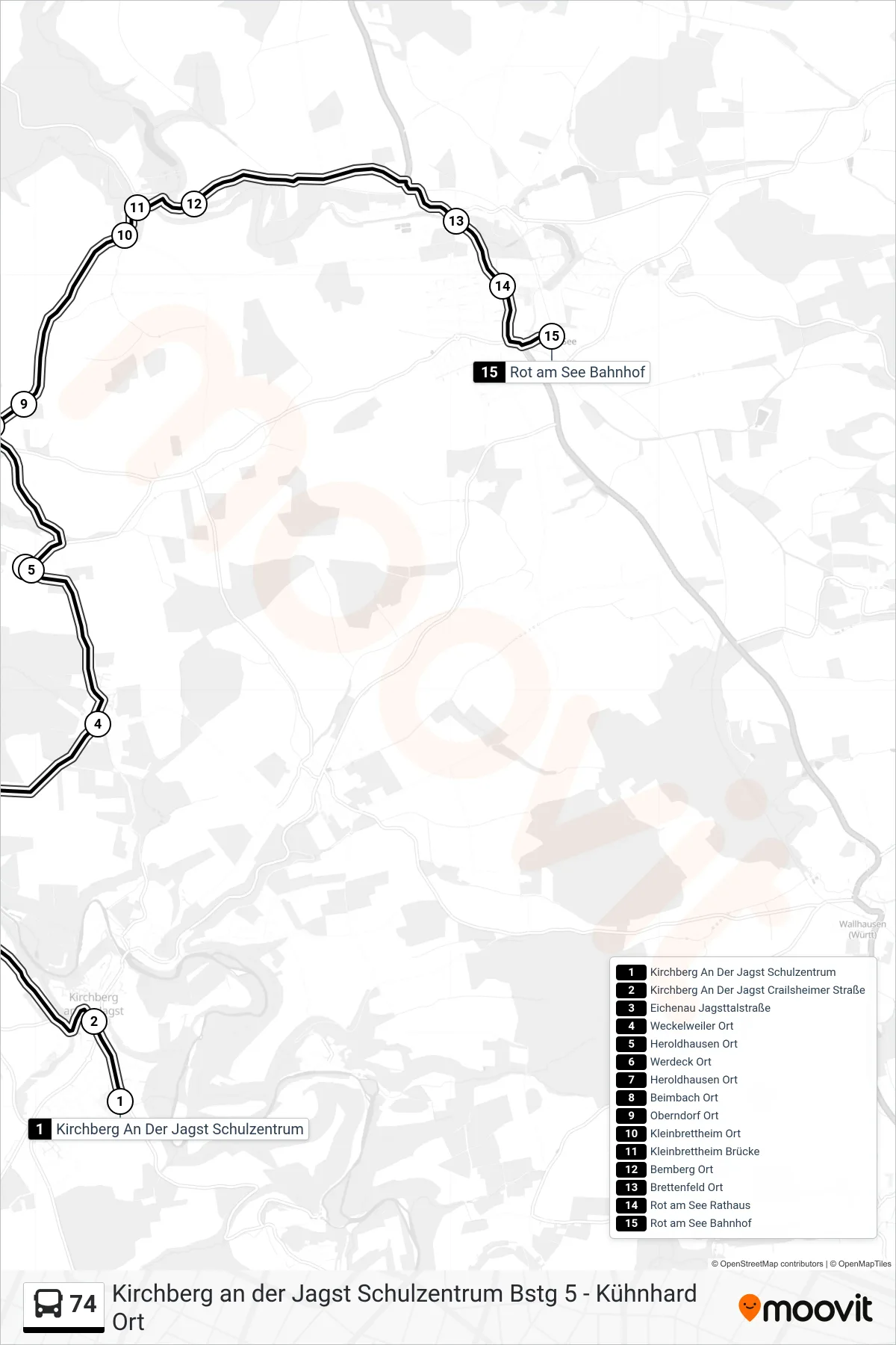 74 bus Line (Rot am See Bahnhof) route and stops on a map