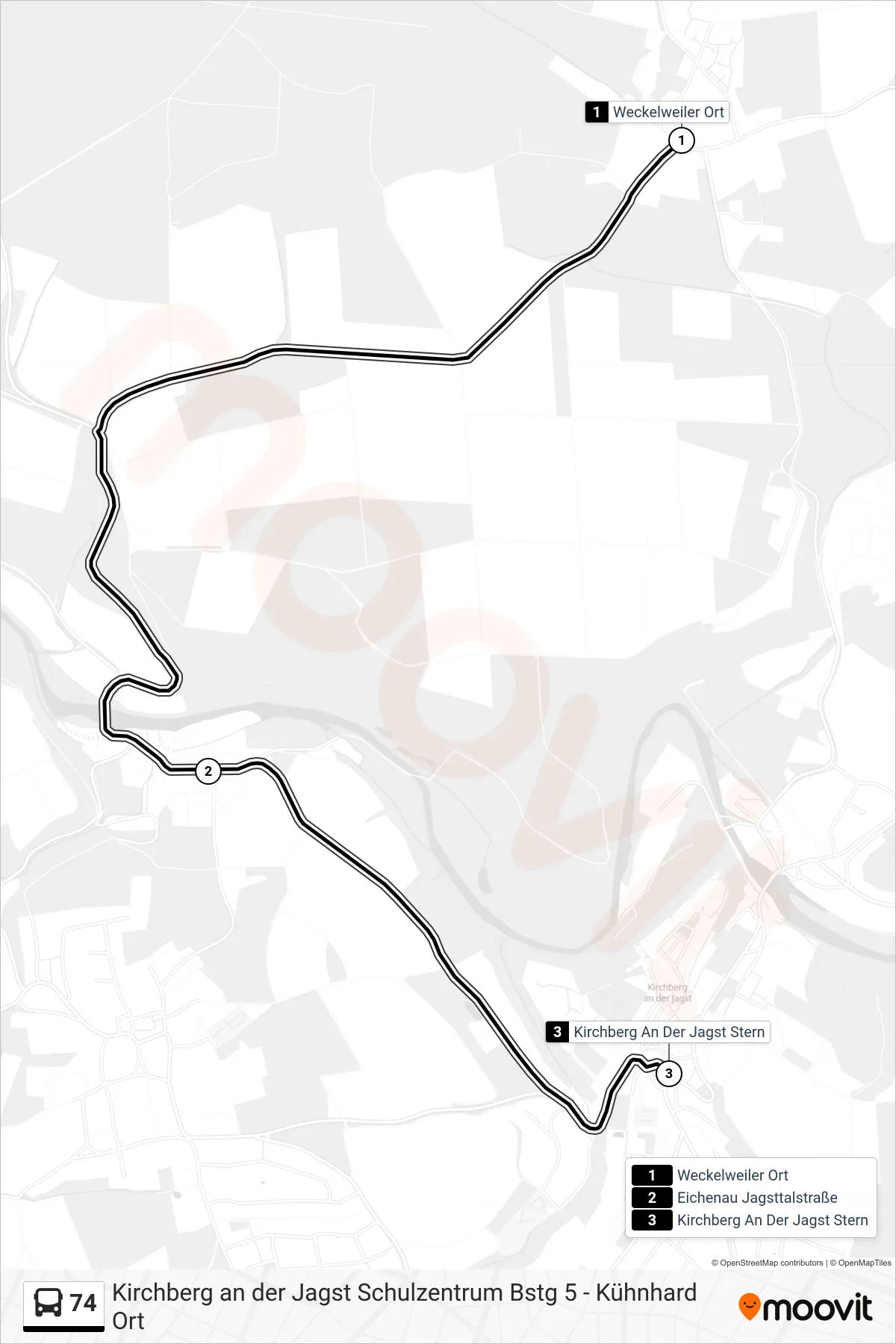 Linie 74 (Bus) Richtung Kirchberg An Der Jagst Stern: Route und Haltestellen auf der Karte