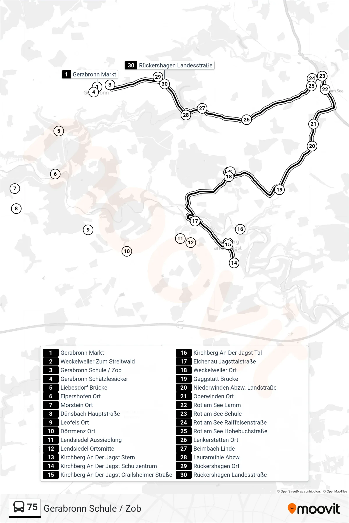 75 bus Line (Gerabronn Schule / Zob) route and stops on a map
