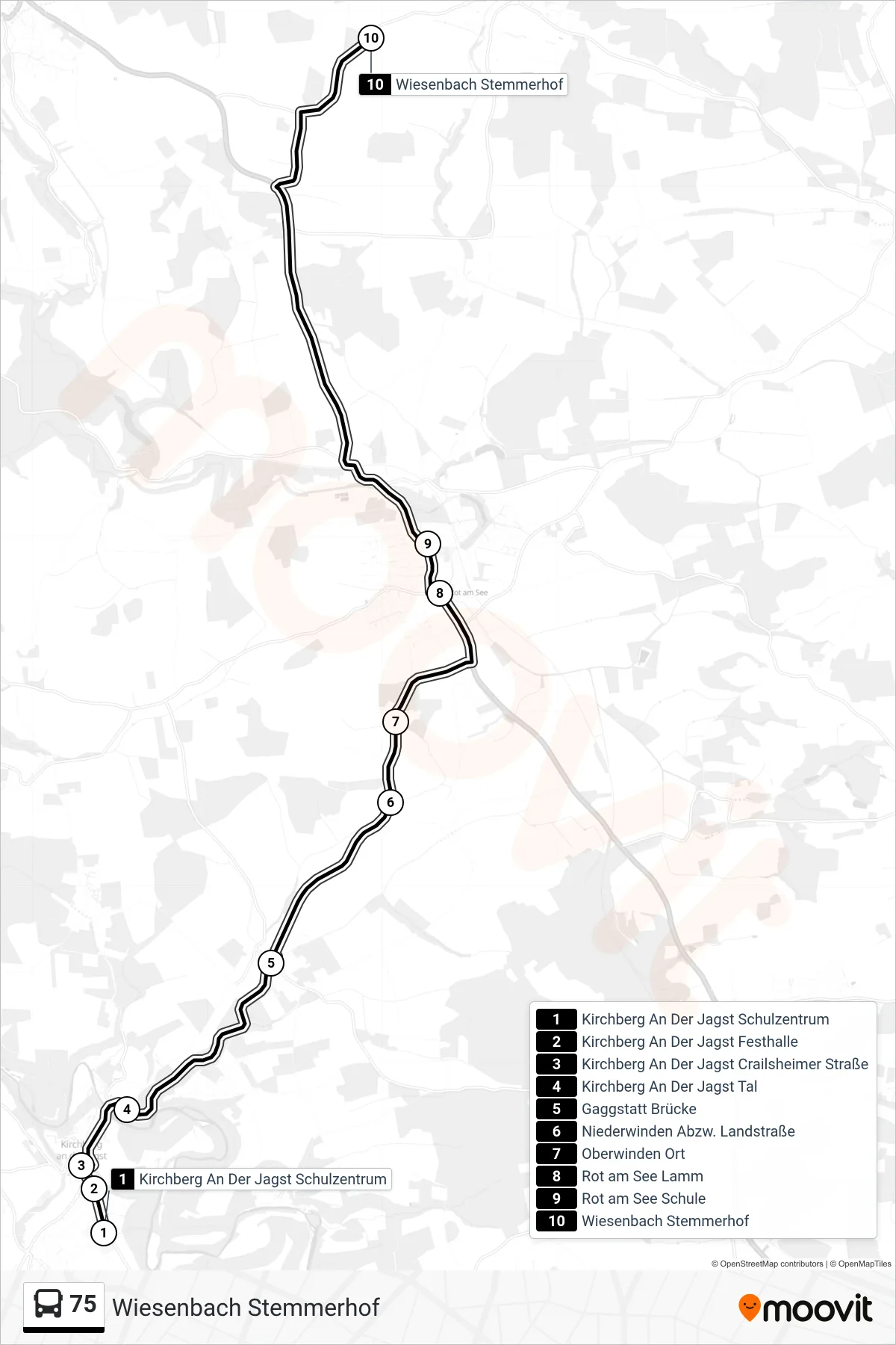 75 bus Line (Wiesenbach Stemmerhof) route and stops on a map