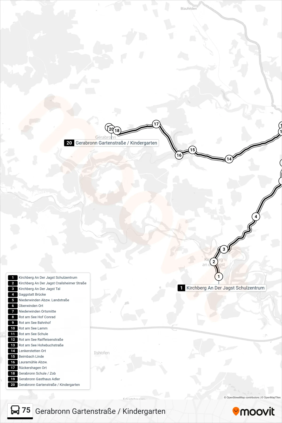 75 bus Line (Gerabronn Gartenstraße / Kindergarten) route and stops on a map
