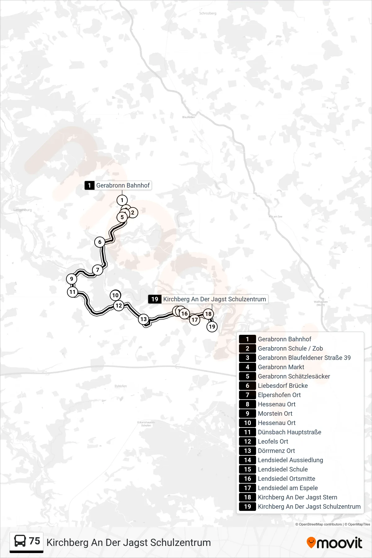 Linie 75 (Bus) Richtung Kirchberg An Der Jagst Schulzentrum: Route und Haltestellen auf der Karte