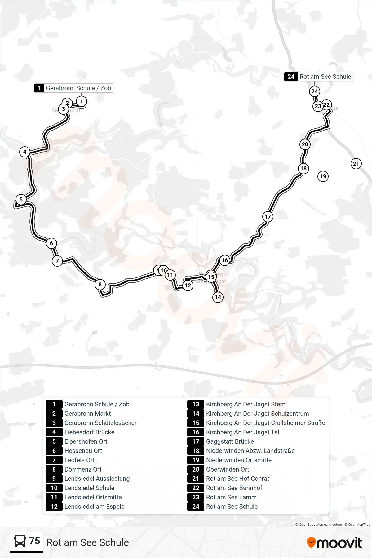 75 bus Line (Rot am See Schule) route and stops on a map