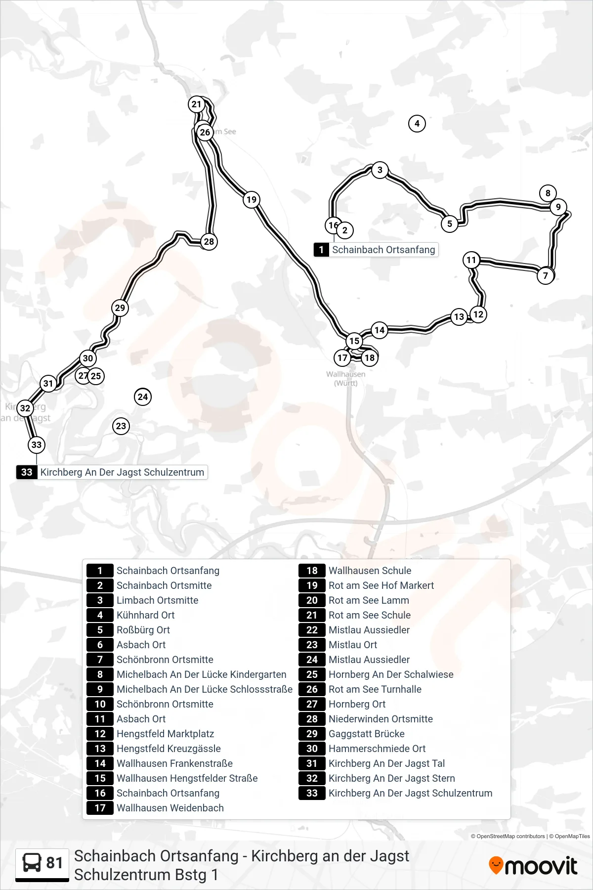81 bus Line (Kirchberg An Der Jagst Schulzentrum) route and stops on a map