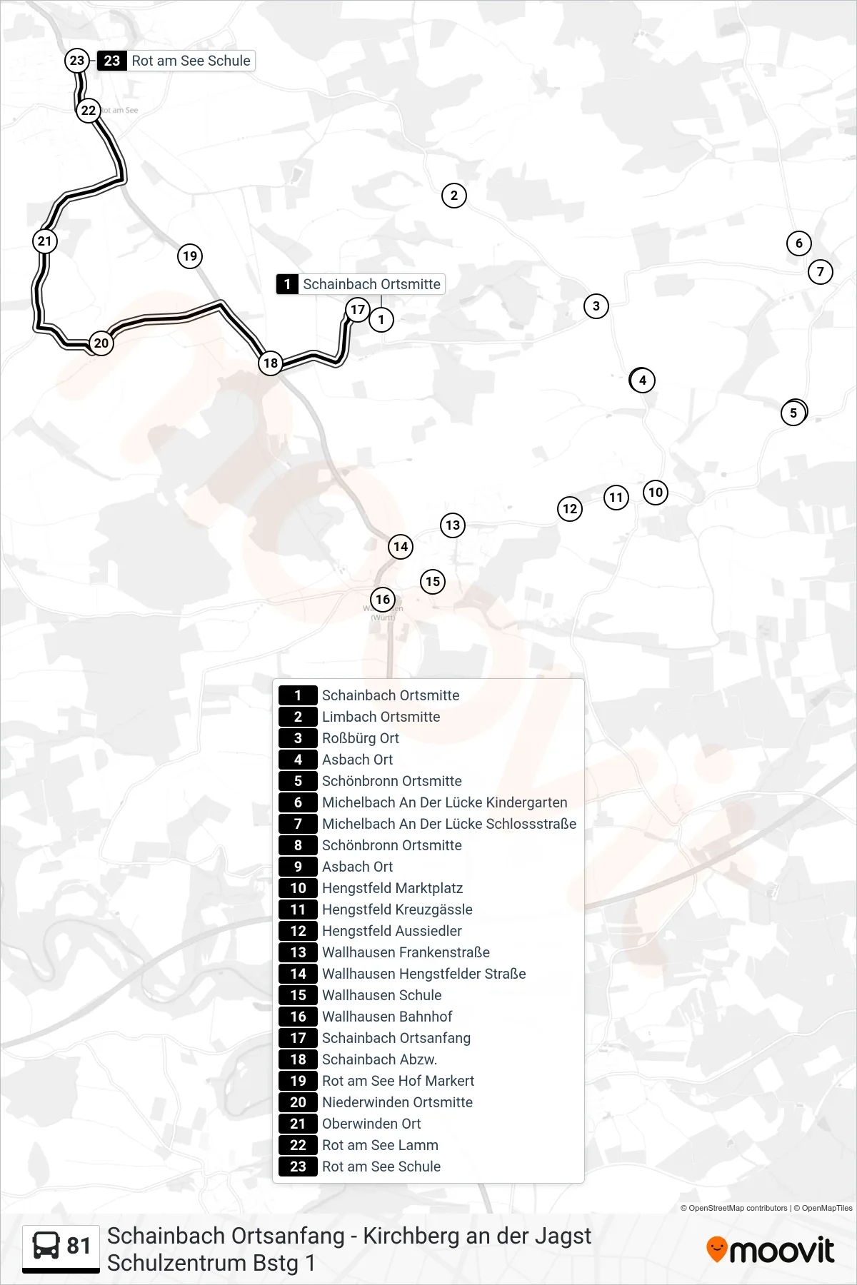81 bus Line (Rot am See Schule) route and stops on a map