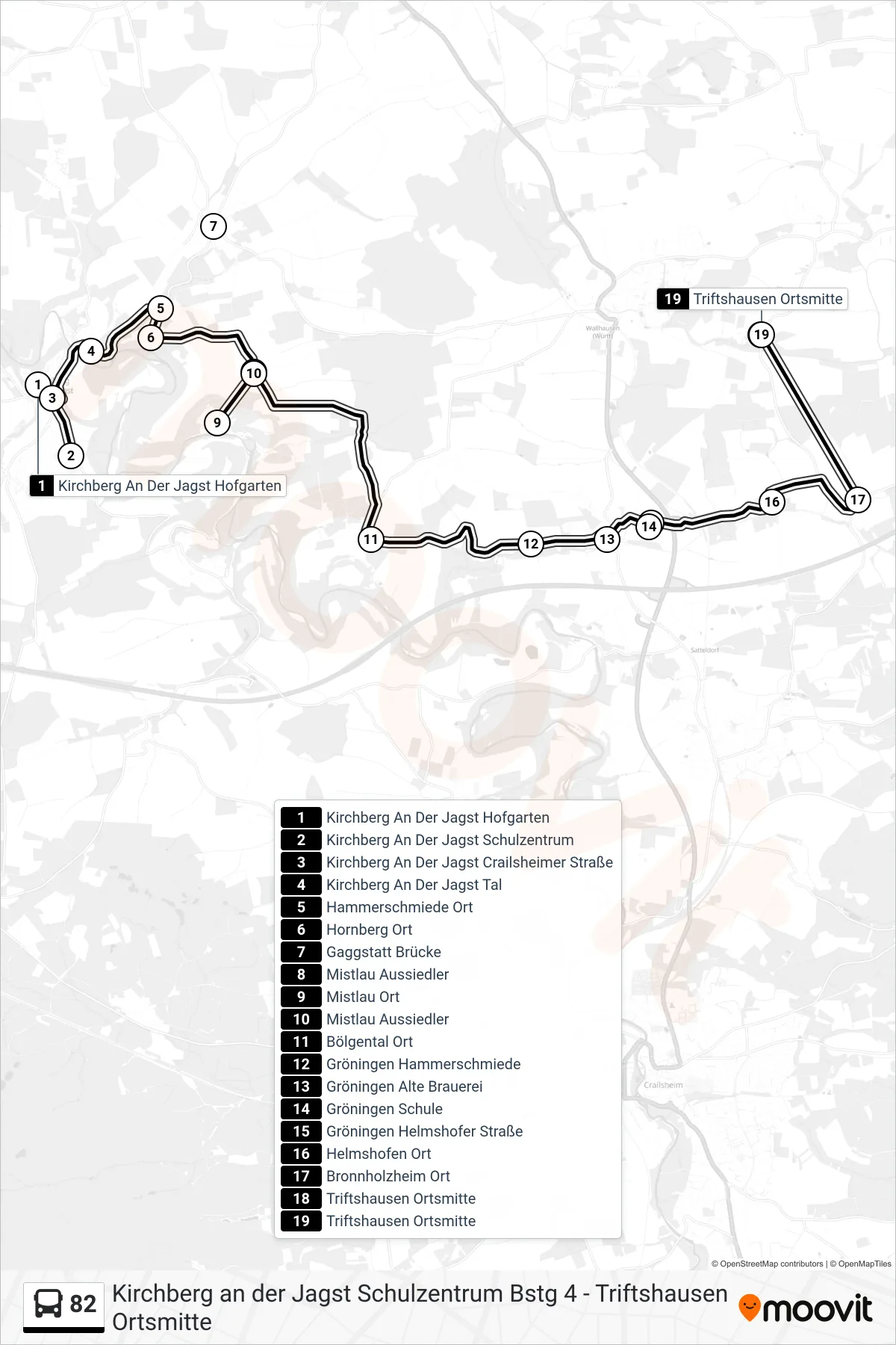 82 bus Line (Triftshausen Ortsmitte) route and stops on a map
