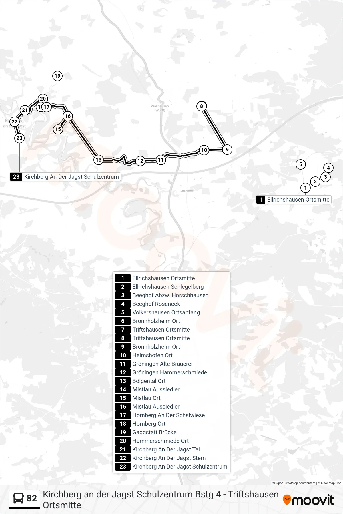 Linie 82 (Bus) Richtung Kirchberg An Der Jagst Schulzentrum: Route und Haltestellen auf der Karte