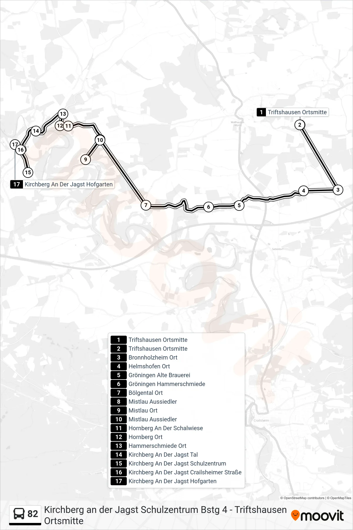 82 bus Line (Kirchberg An Der Jagst Hofgarten) route and stops on a map