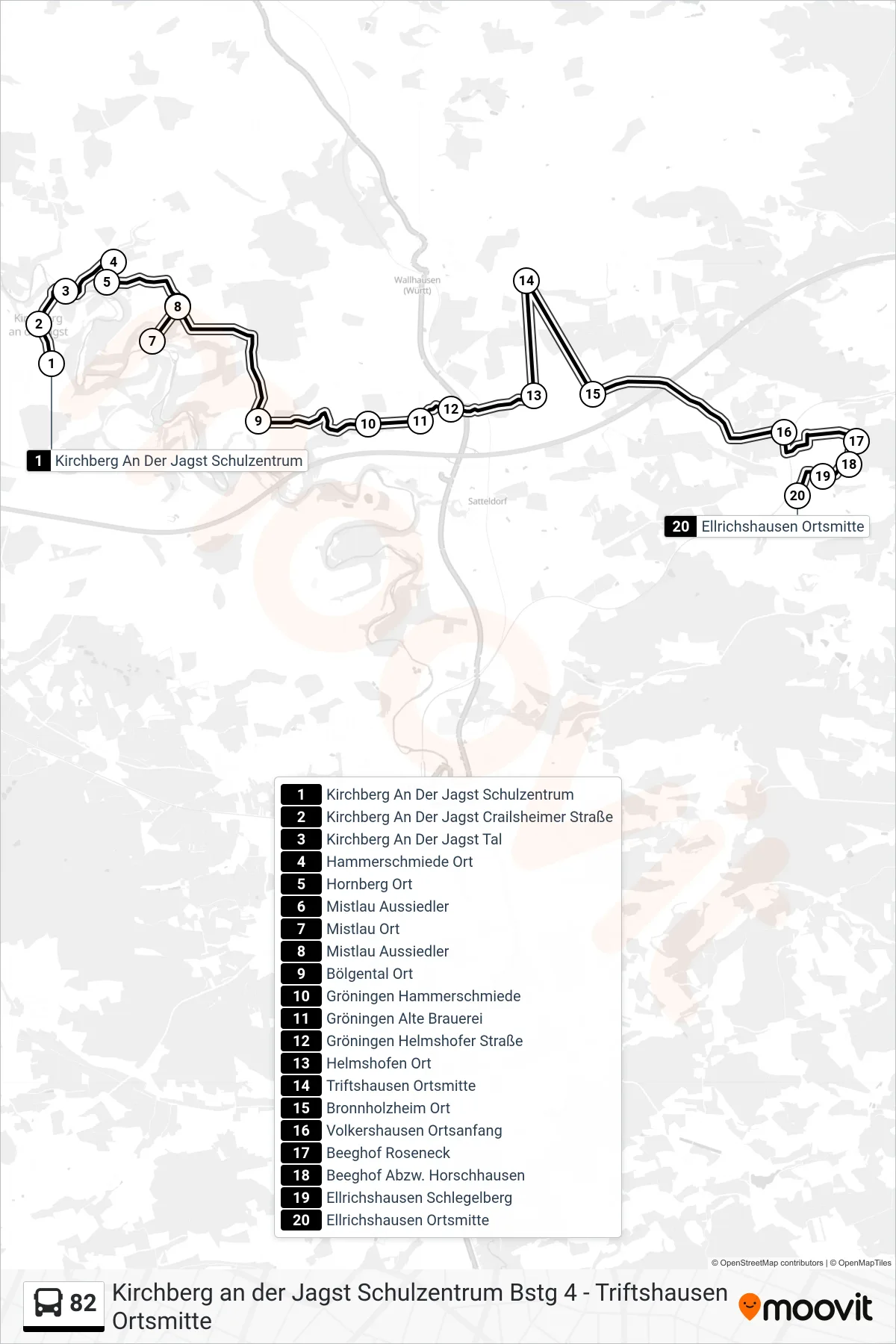 82 bus Line (Ellrichshausen Ortsmitte) route and stops on a map
