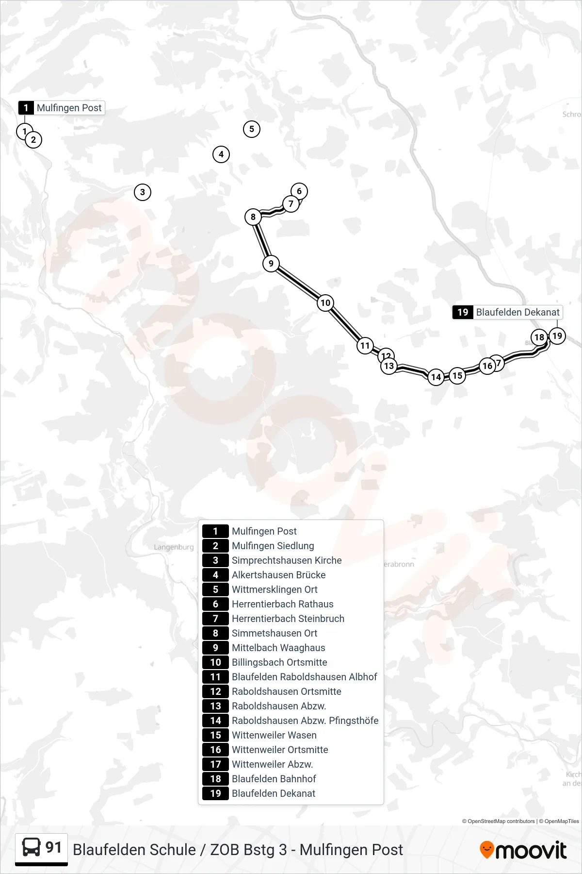 Linie 91 (Bus) Richtung Blaufelden Dekanat: Route und Haltestellen auf der Karte