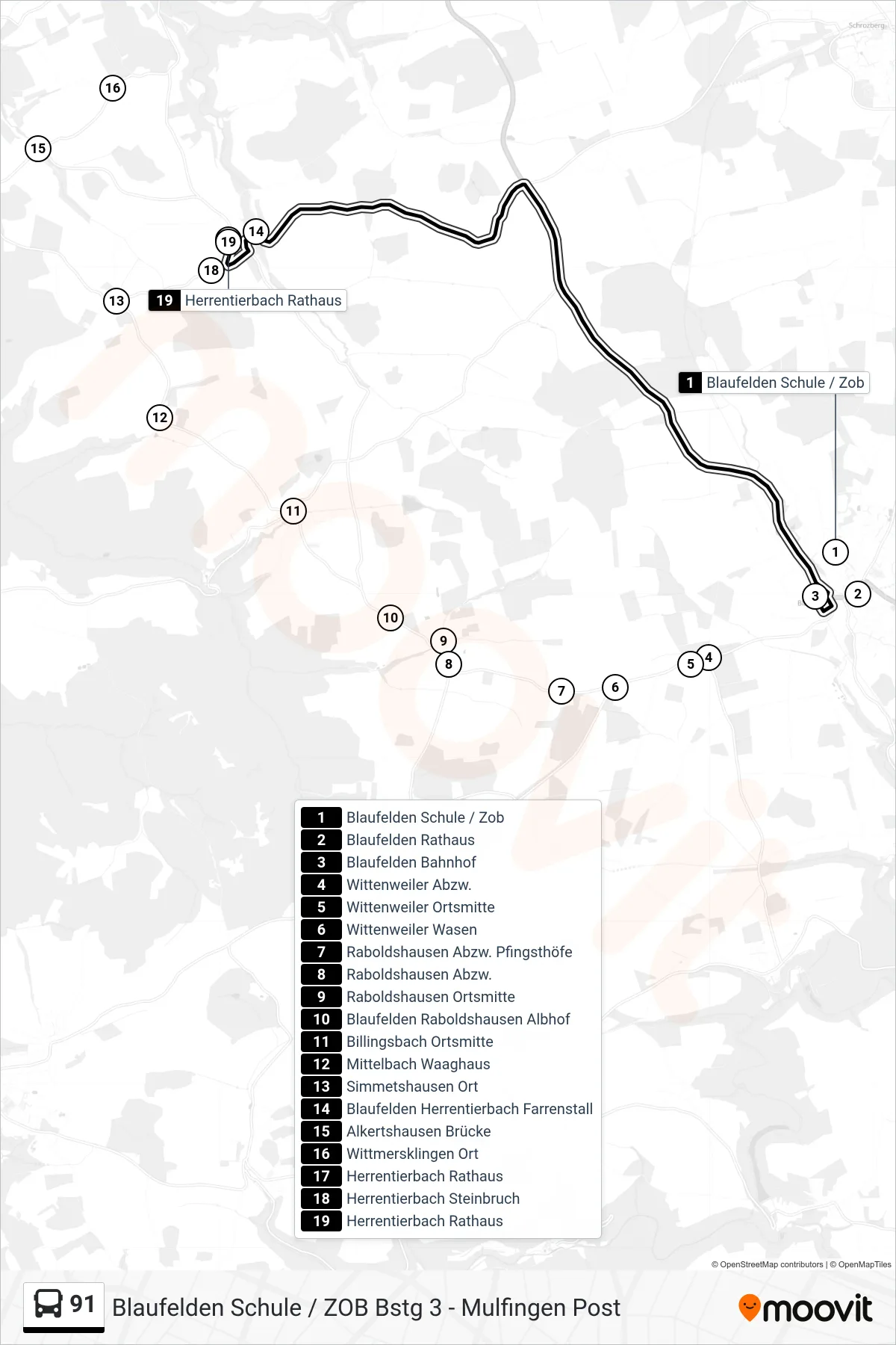 91 bus Line (Herrentierbach Rathaus) route and stops on a map