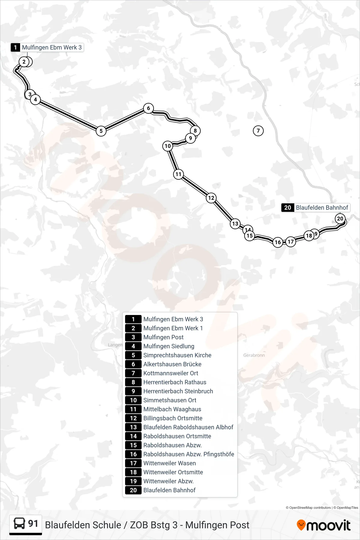 91 bus Line (Blaufelden Bahnhof) route and stops on a map