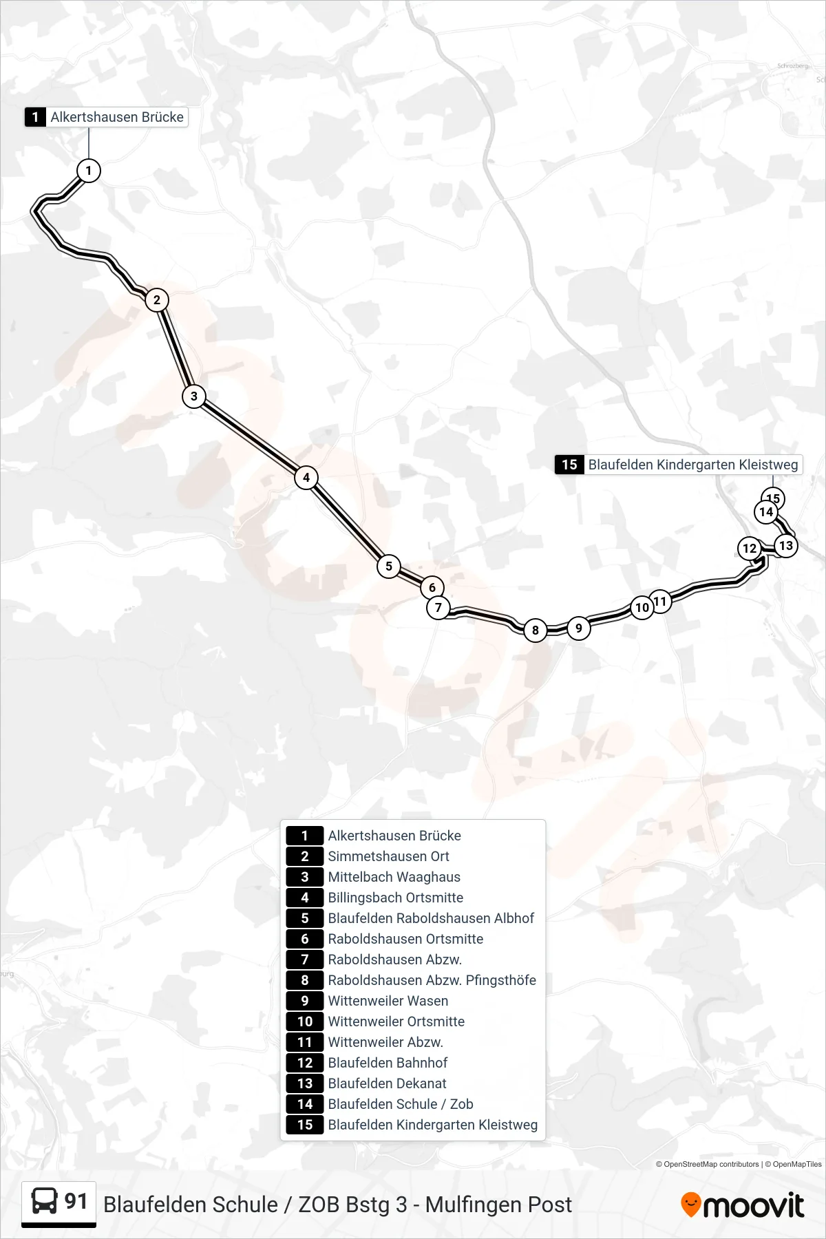 91 bus Line (Blaufelden Kindergarten Kleistweg) route and stops on a map