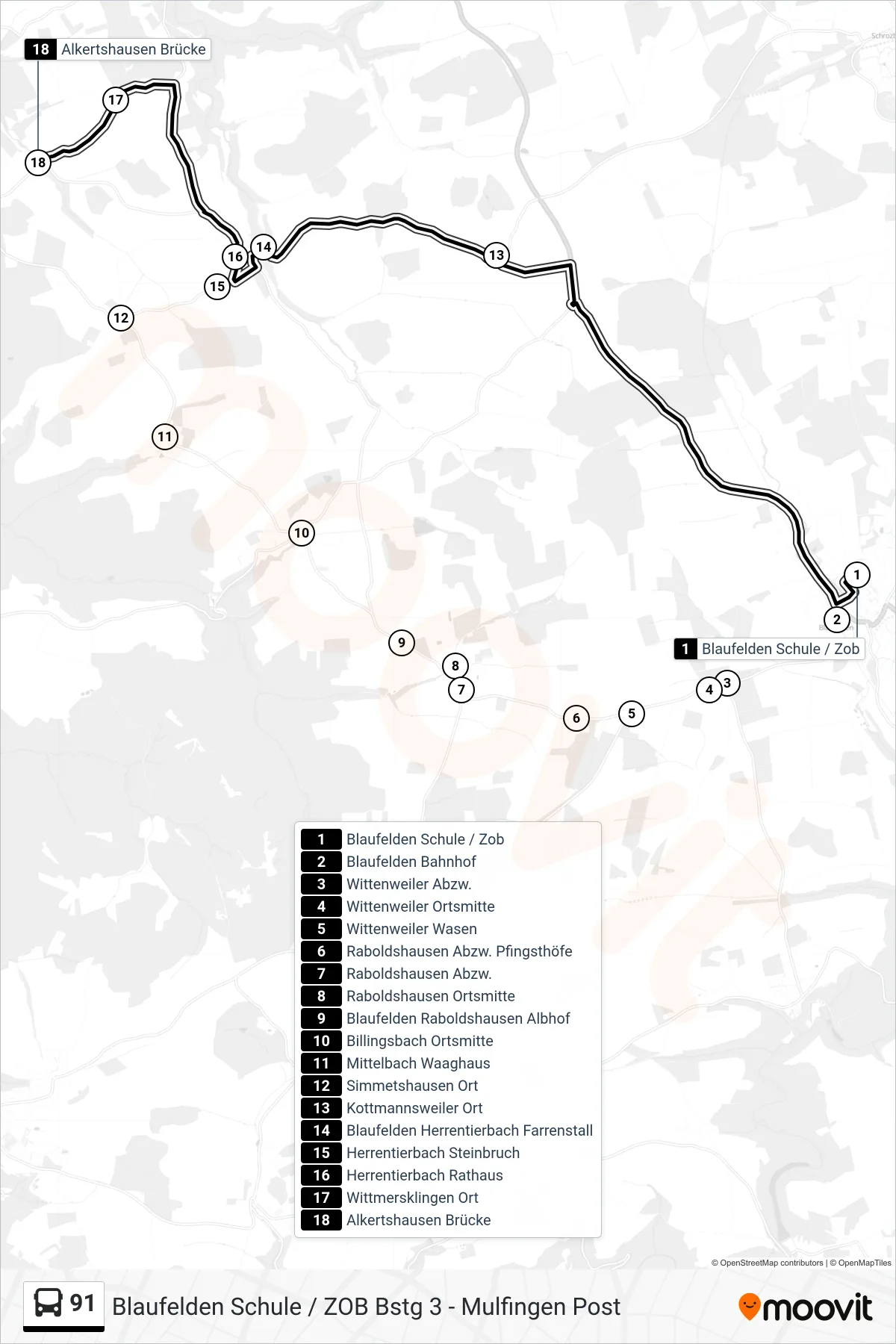 91 bus Line (Alkertshausen Brücke) route and stops on a map
