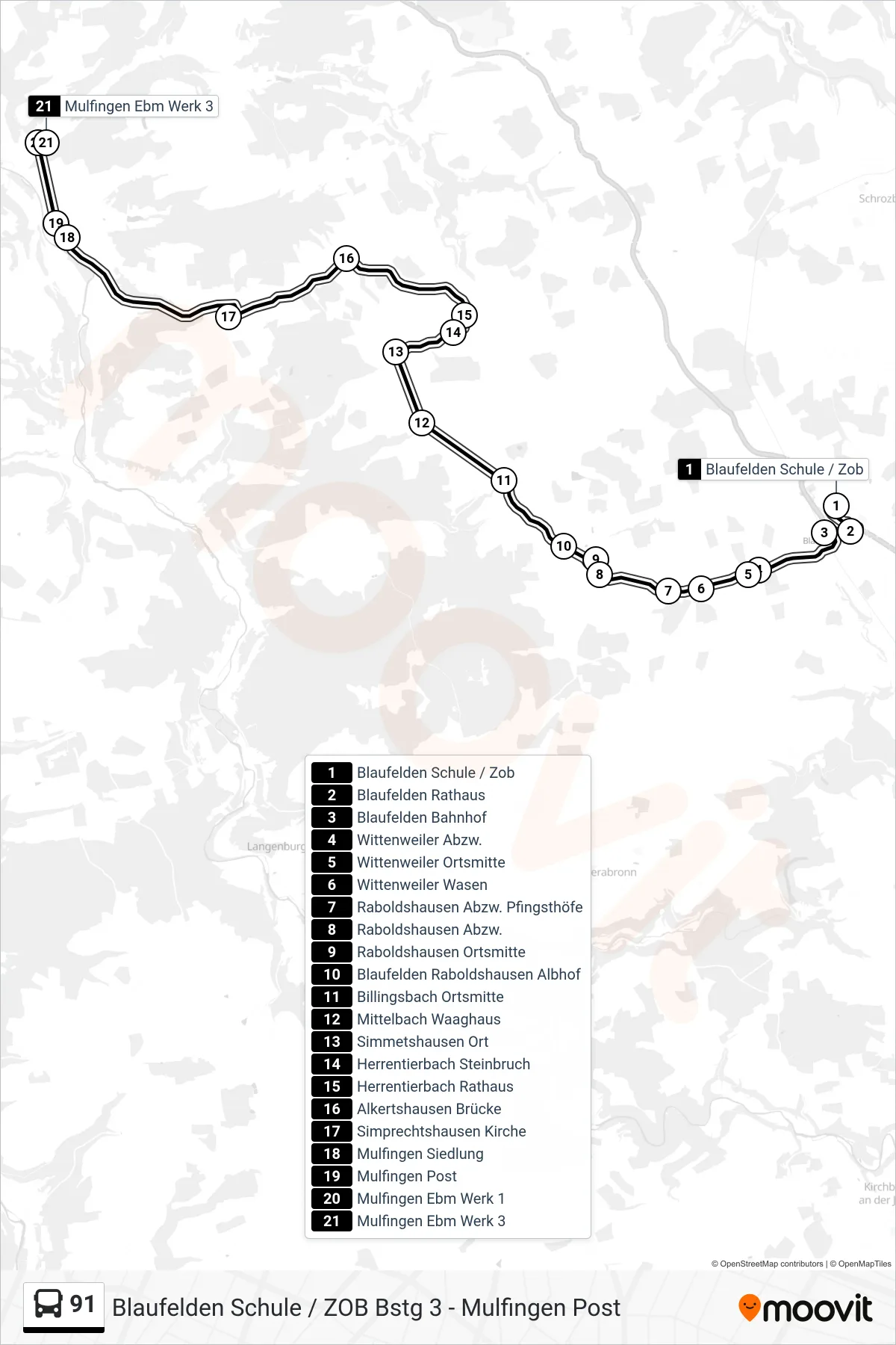 91 bus Line (Mulfingen Ebm Werk 3) route and stops on a map