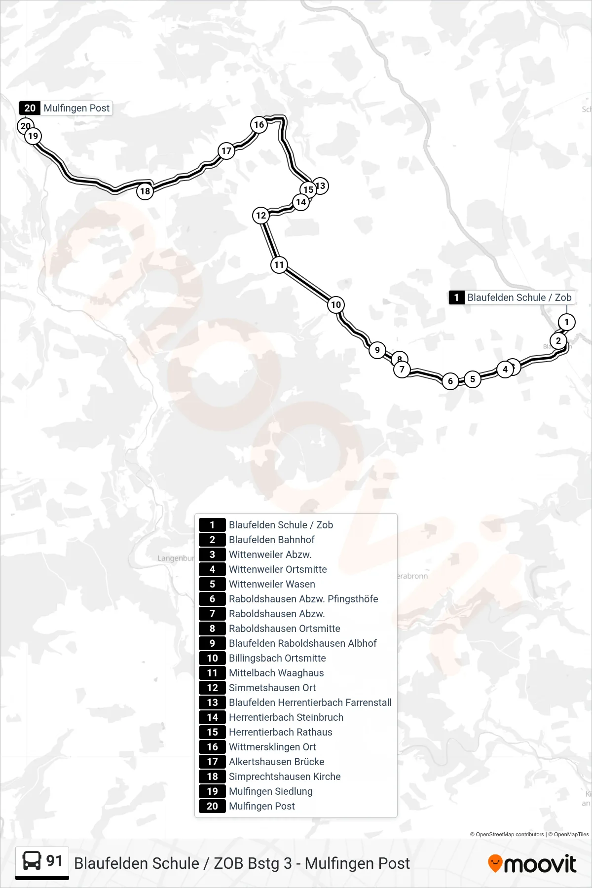 91 bus Line (Mulfingen Post) route and stops on a map