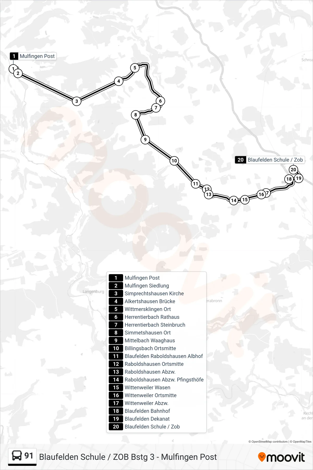 91 bus Line (Blaufelden Schule / Zob) route and stops on a map