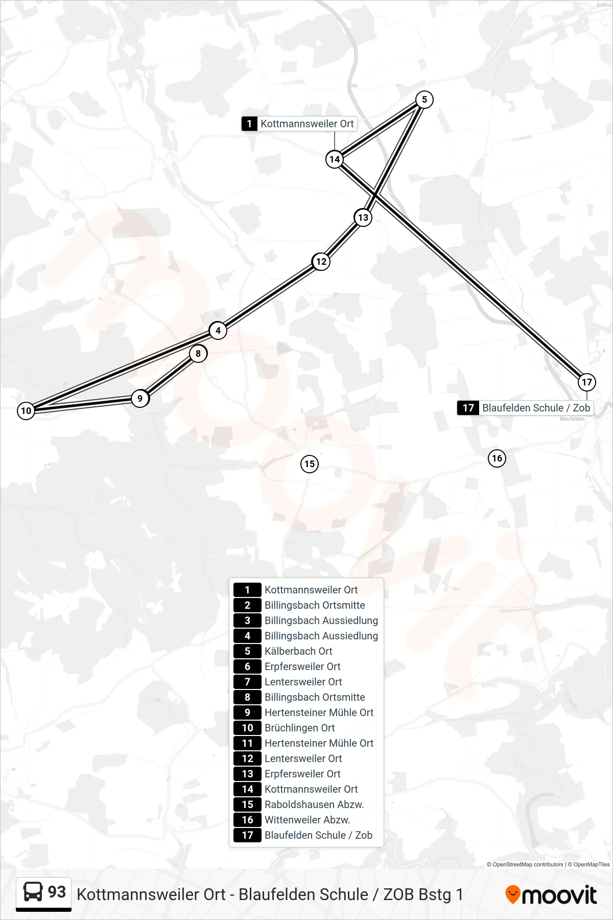 Linie 93 (Bus) Richtung Blaufelden Schule / Zob: Route und Haltestellen auf der Karte