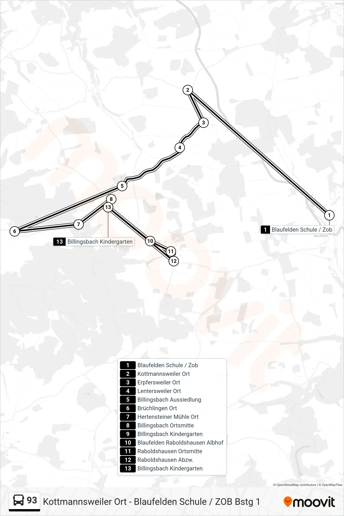 93 bus Line (Billingsbach Kindergarten) route and stops on a map