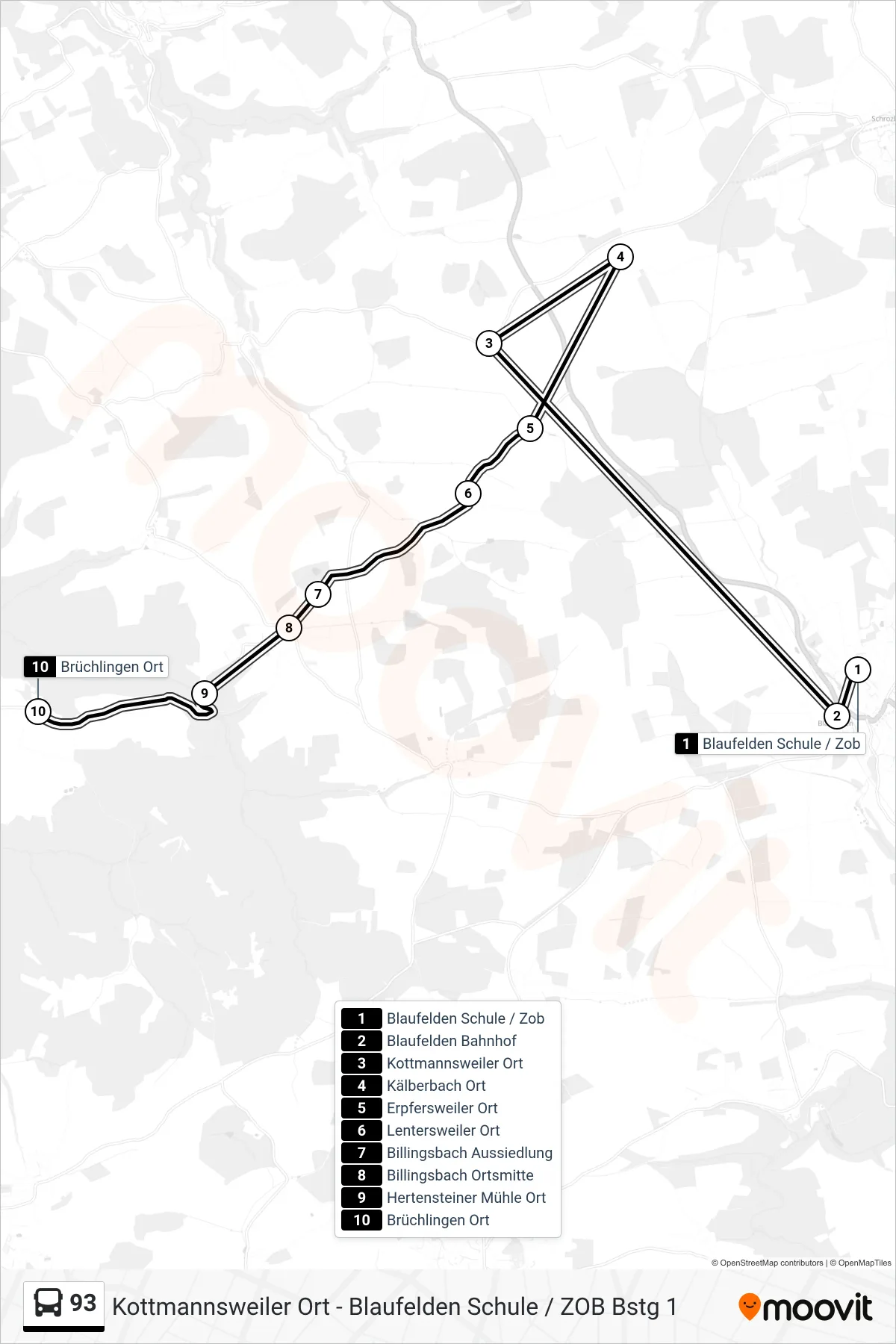 93 bus Line (Brüchlingen Ort) route and stops on a map