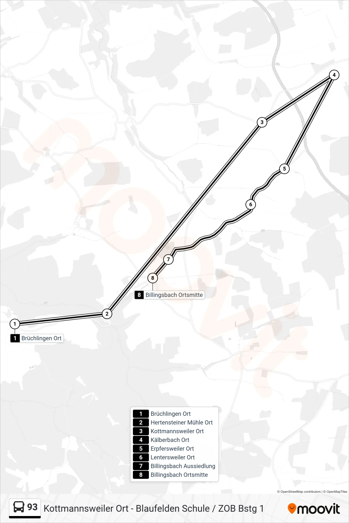 93 bus Line (Billingsbach Ortsmitte) route and stops on a map
