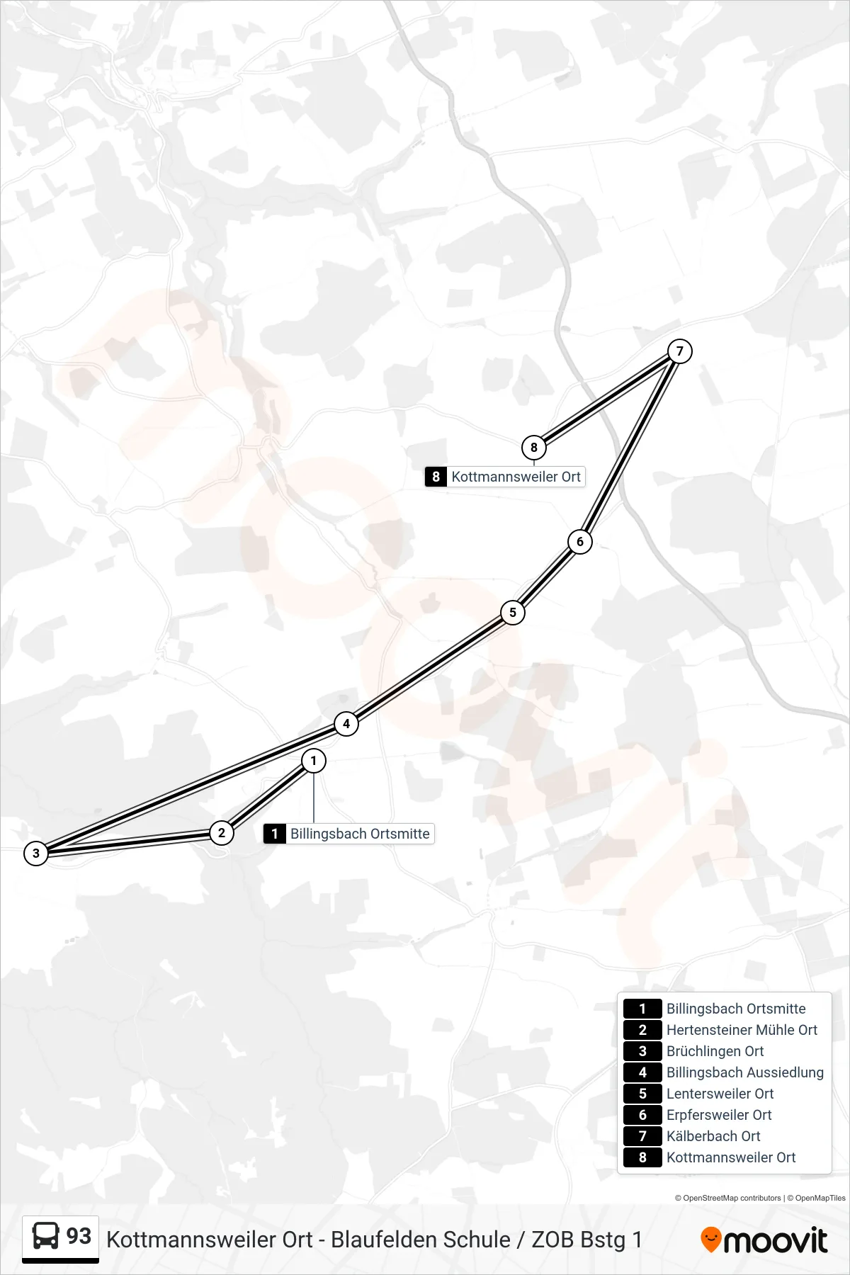 93 bus Line (Kottmannsweiler Ort) route and stops on a map