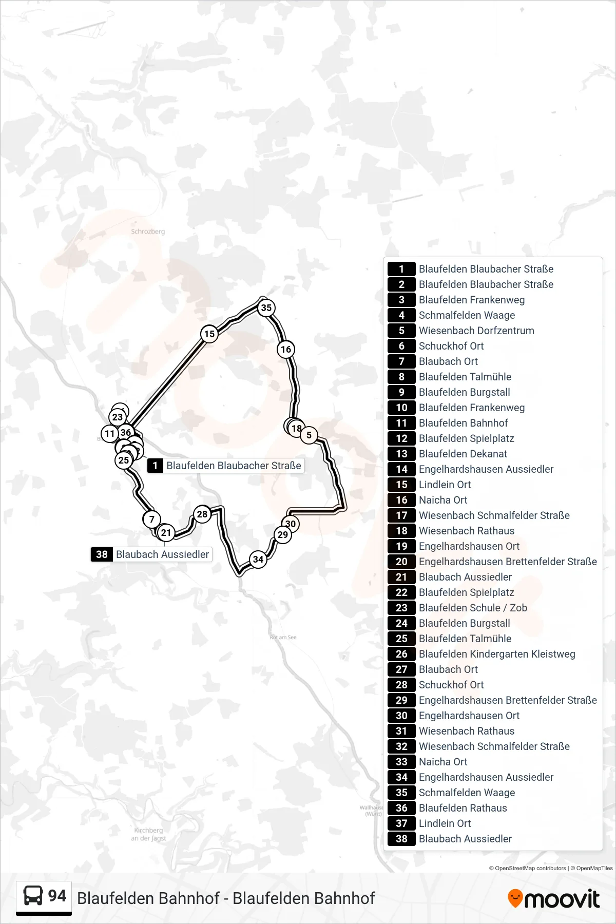 94 bus Line (Blaufelden Bahnhof) route and stops on a map