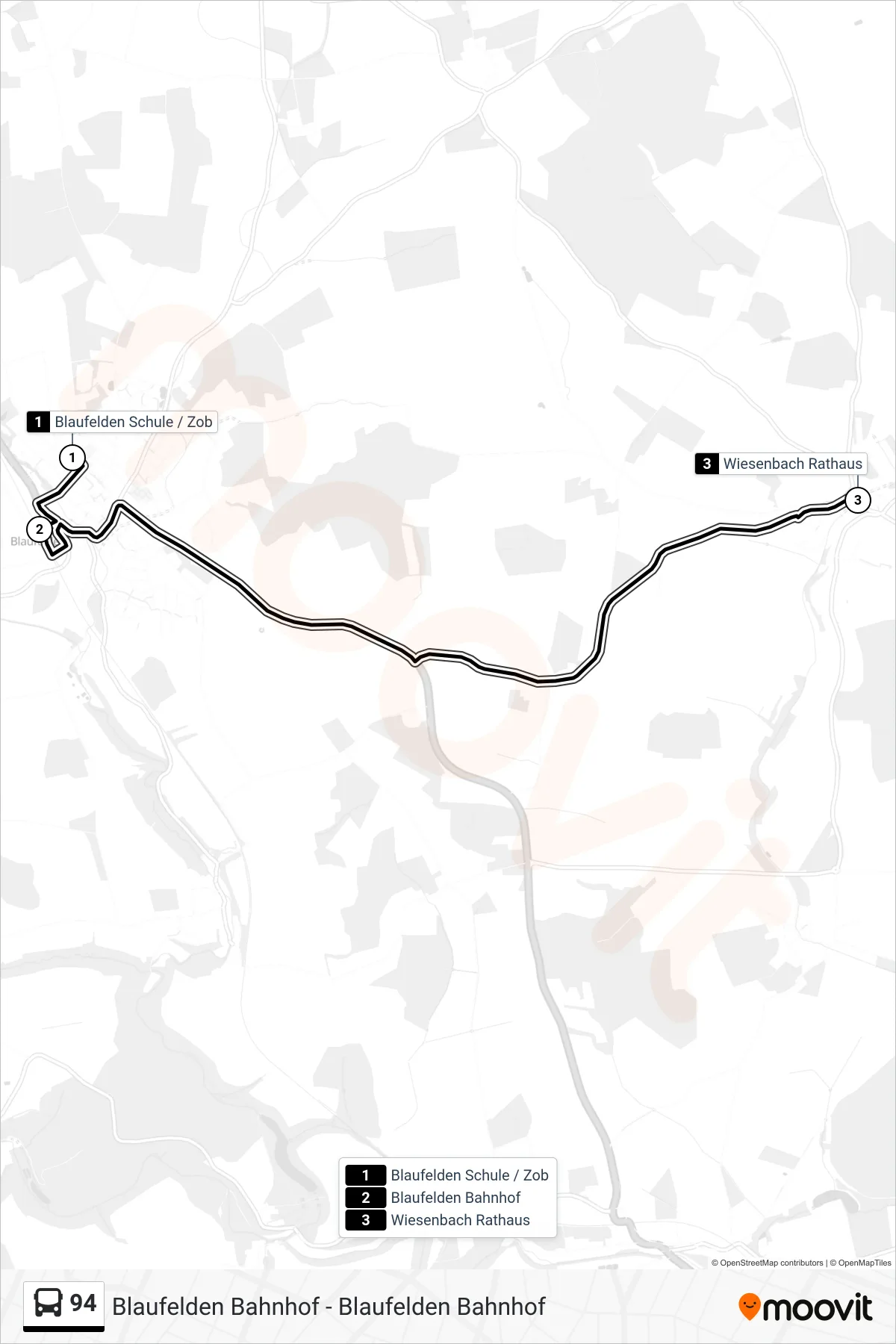 94 bus Line (Wiesenbach Rathaus) route and stops on a map