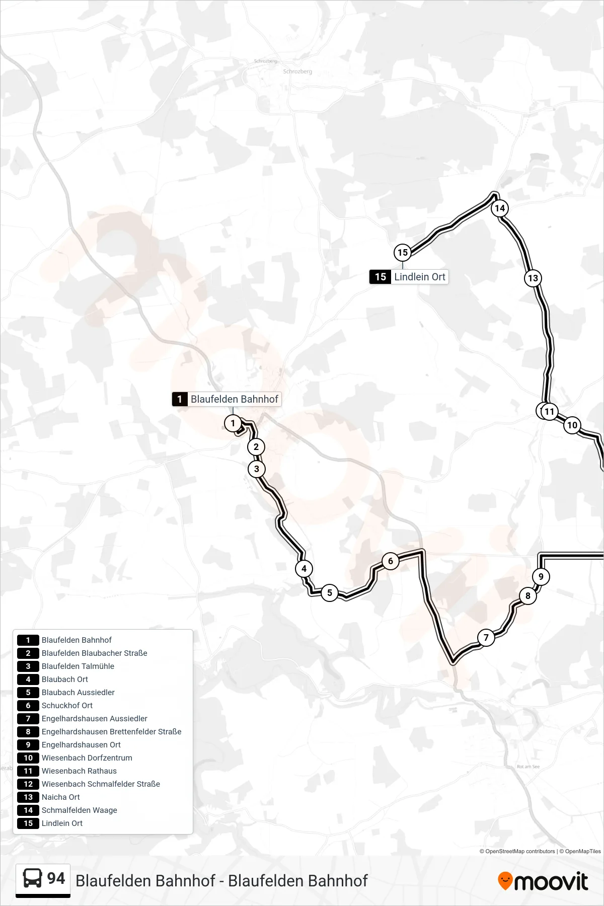Linie 94 (Bus) Richtung Lindlein Ort: Route und Haltestellen auf der Karte