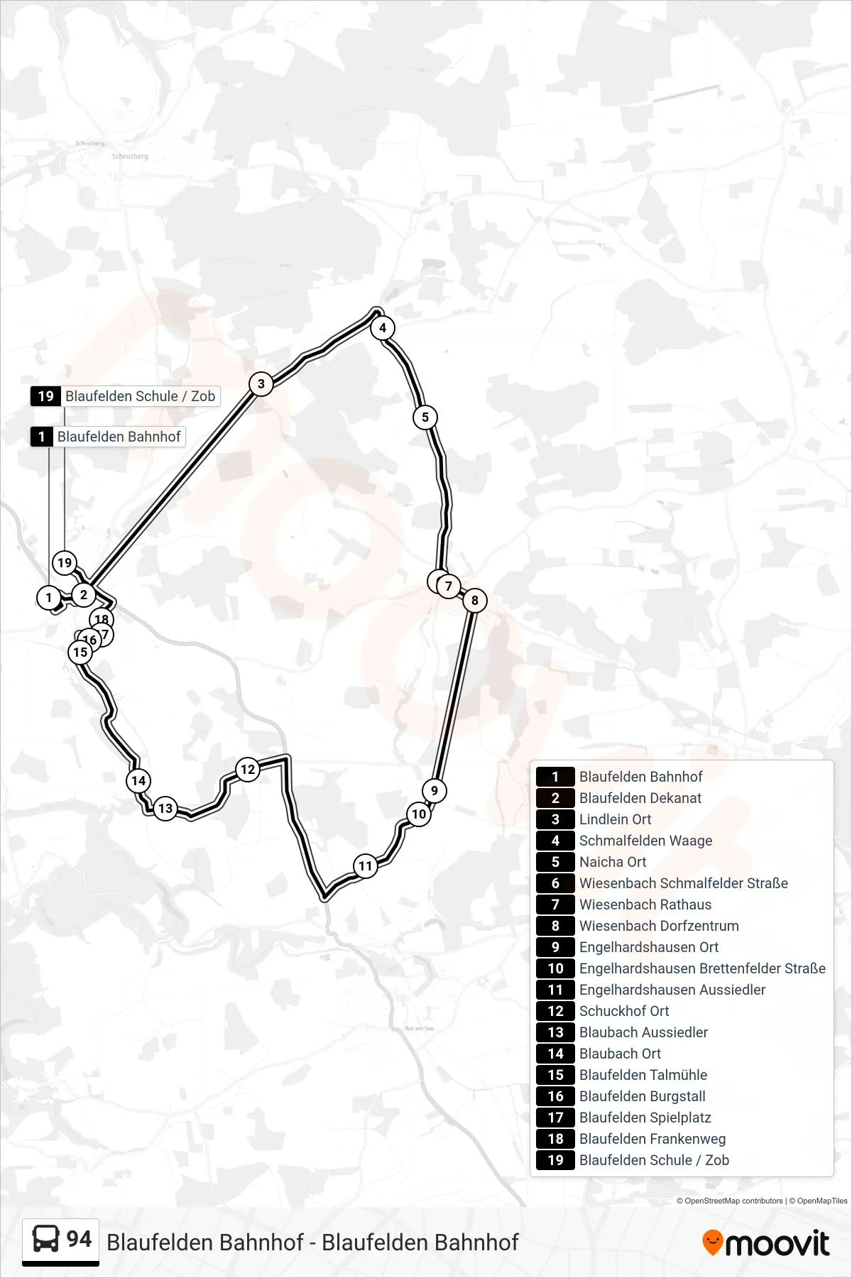 94 bus Line (Blaufelden Schule / Zob) route and stops on a map