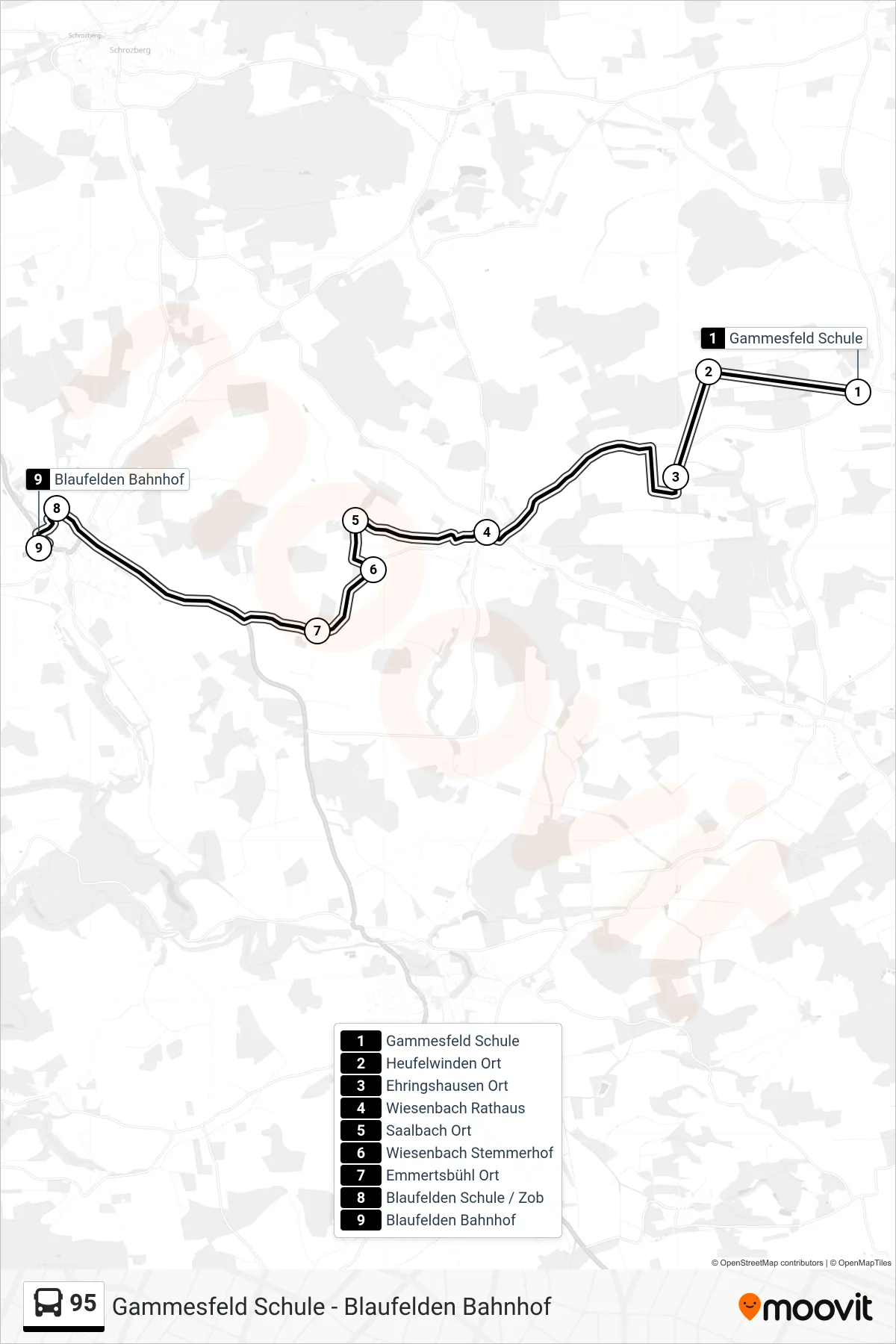 95 bus Line (Blaufelden Bahnhof) route and stops on a map