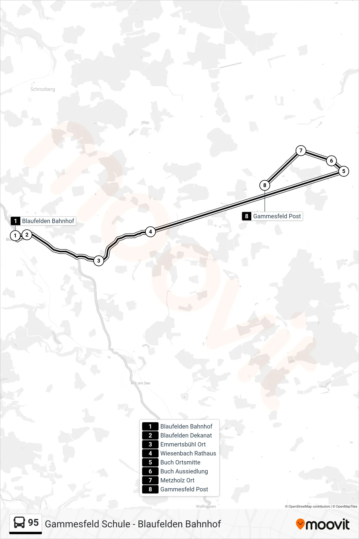95 bus Line (Gammesfeld Post) route and stops on a map