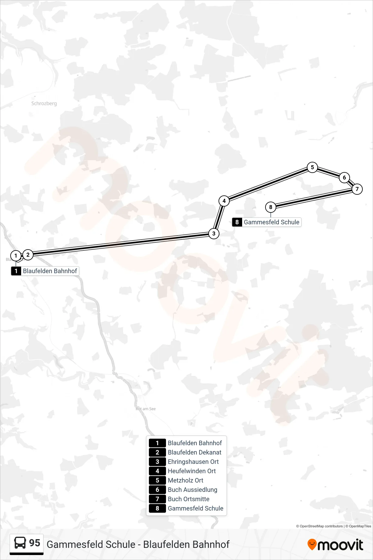 95 bus Line (Gammesfeld Schule) route and stops on a map